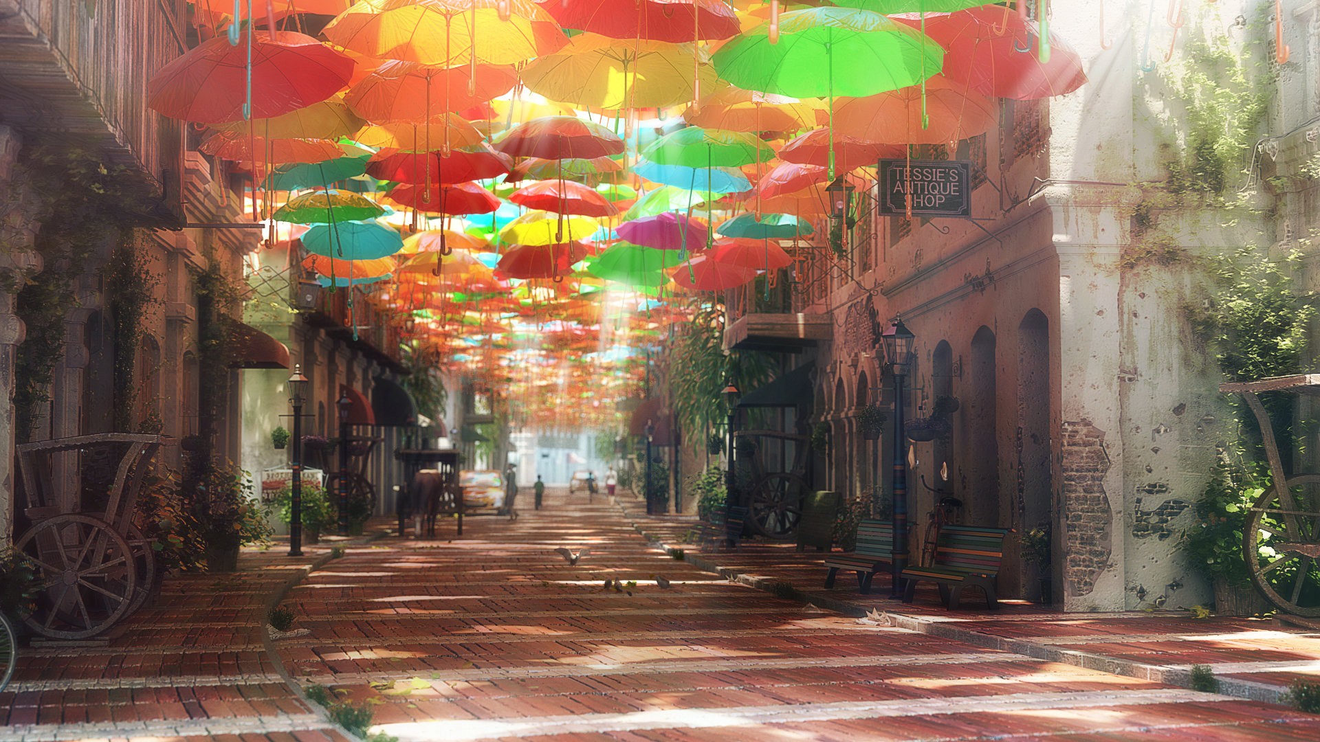 Colorful umbrellas over a street with antique carts HD Wallpaper