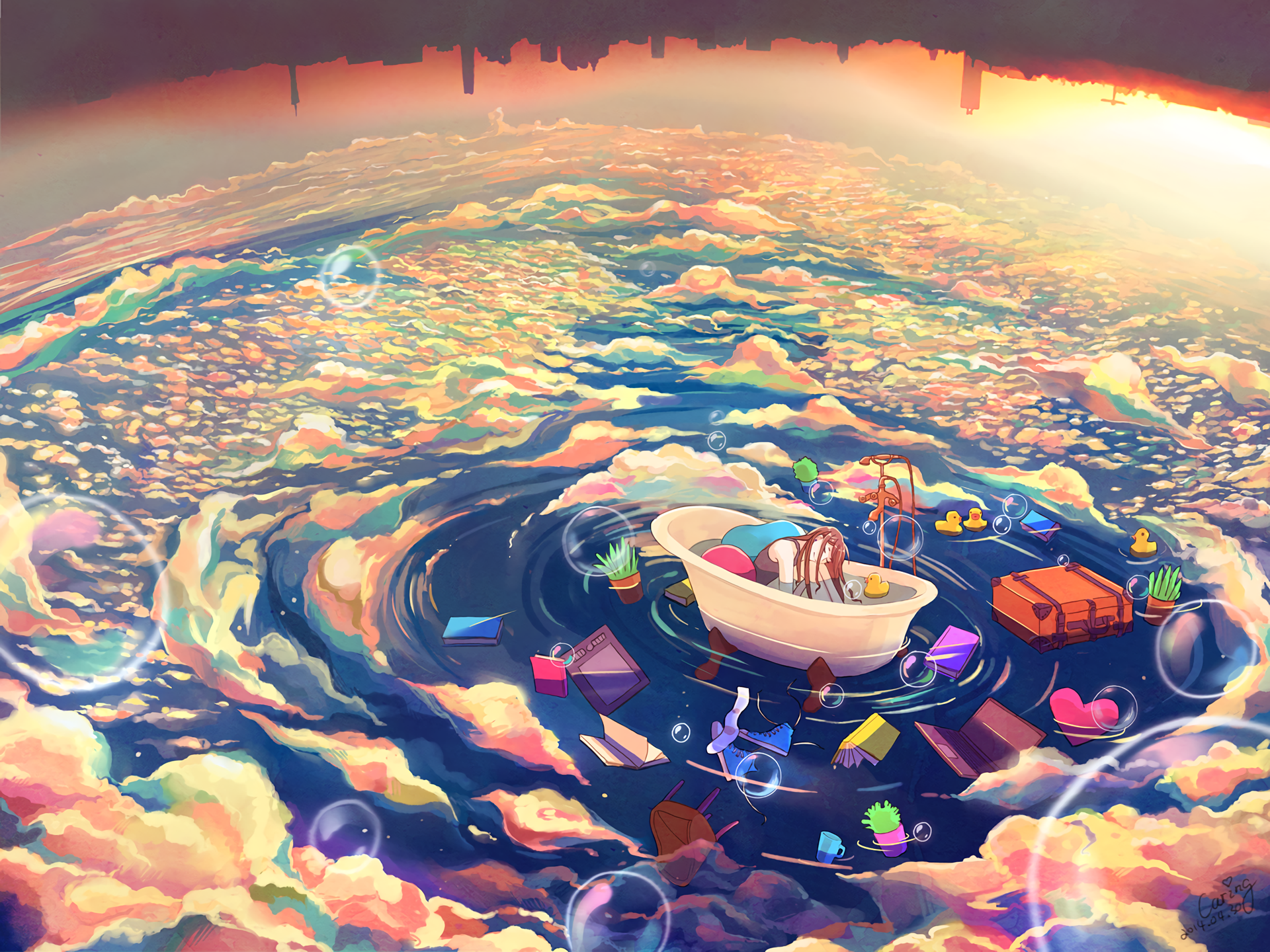 Woman in bathtub floating on clouds with city skyline above HD Wallpaper