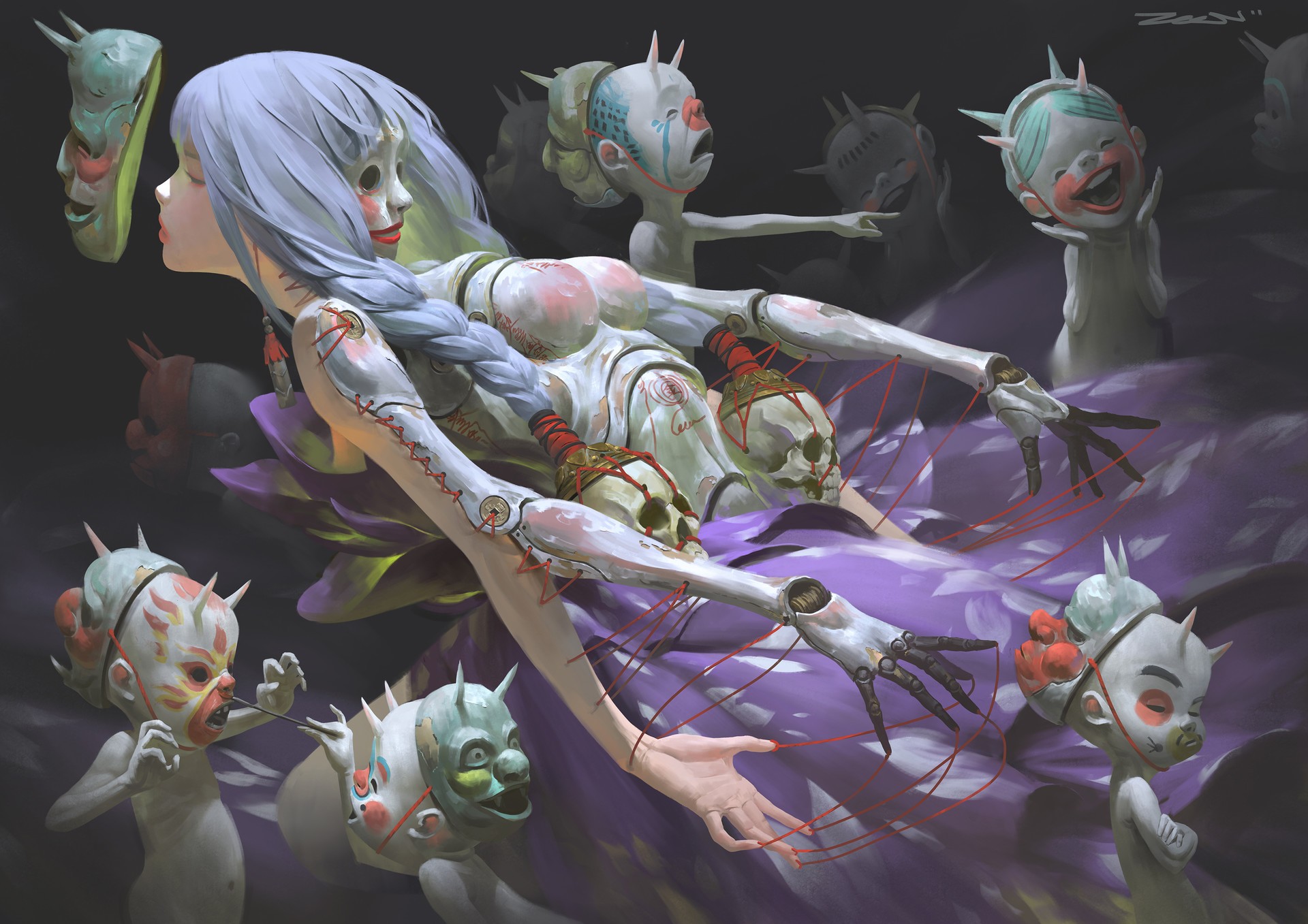 Artwork of a doll-like figure with masks and skulls HD Wallpaper