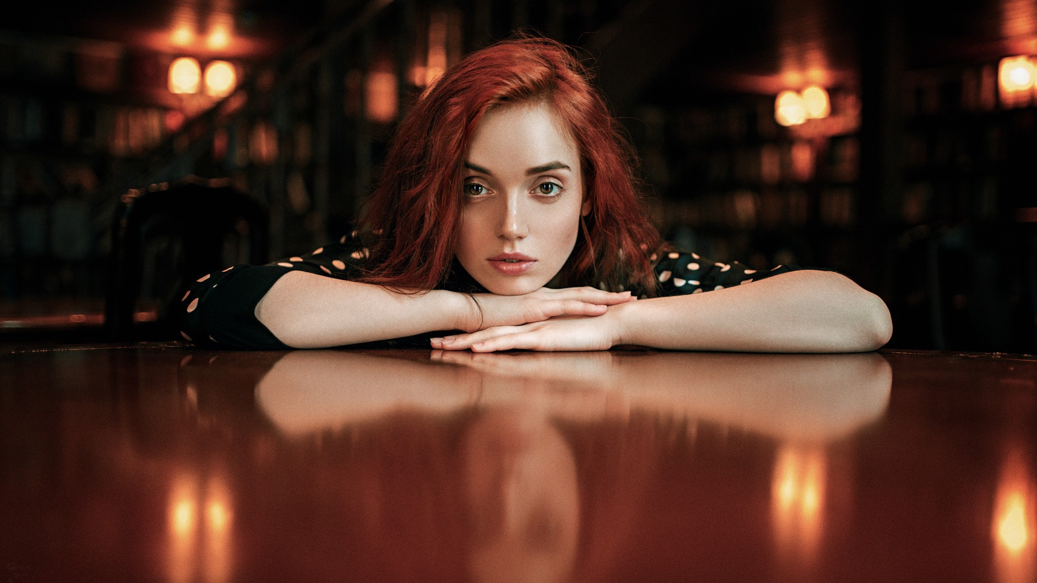 Georgy Chernyadyev portrait of a redhead woman at a table HD Wallpaper