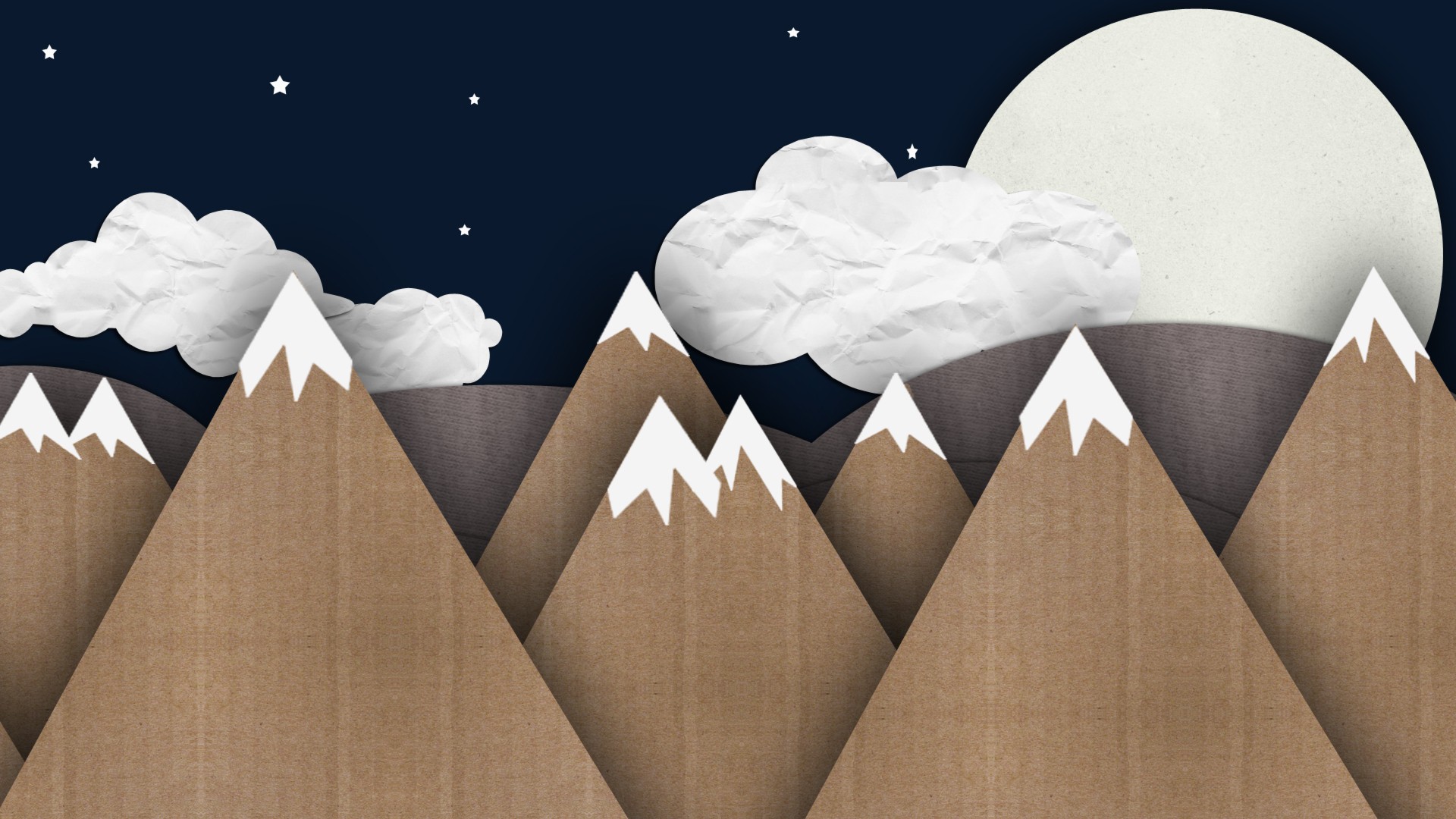 Paper cutout mountains under a starry night sky with a moon HD Wallpaper
