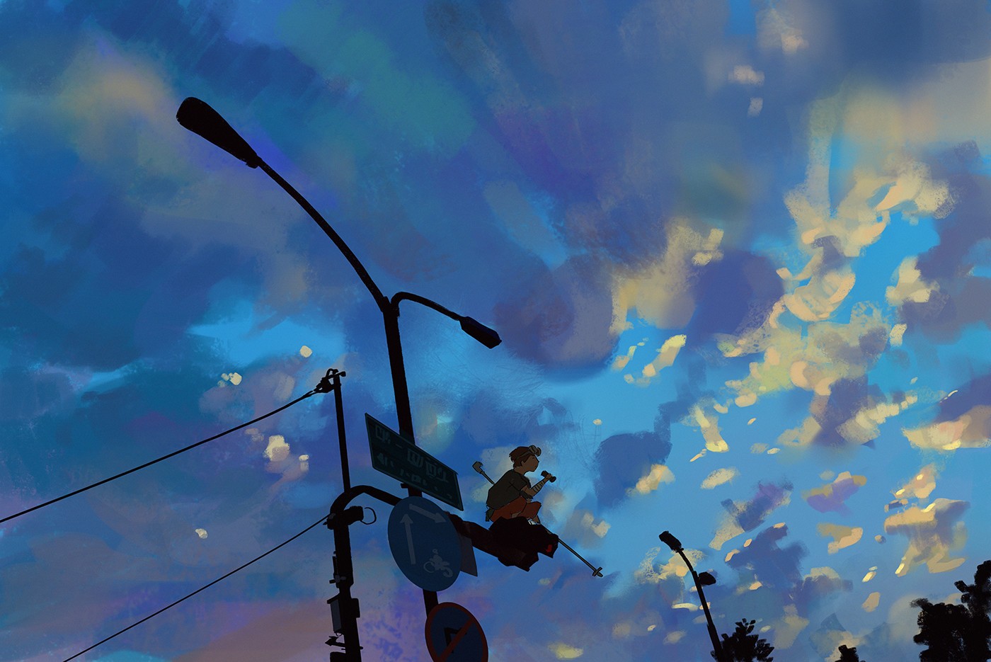 Anime style illustration of a person on a street light HD Wallpaper