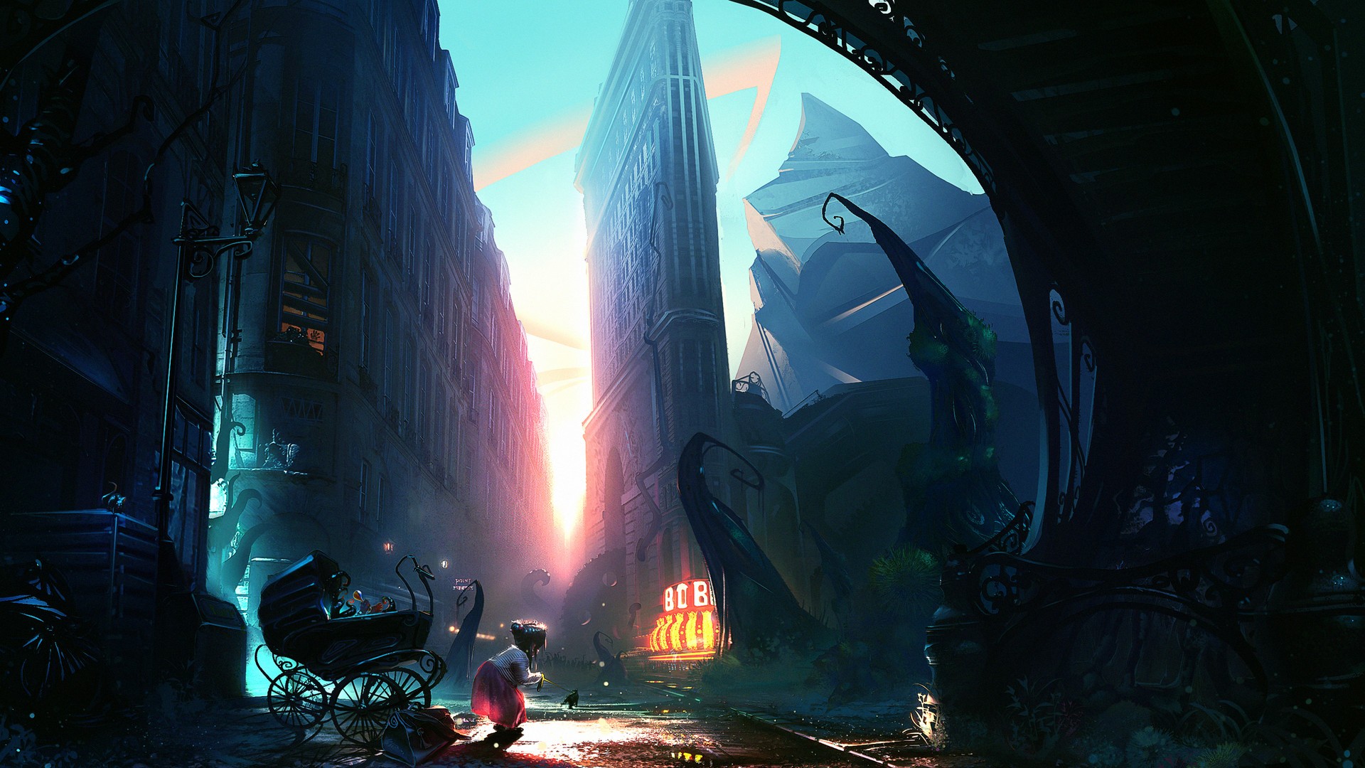 Fantasy art of a city street with a baby carriage HD Wallpaper