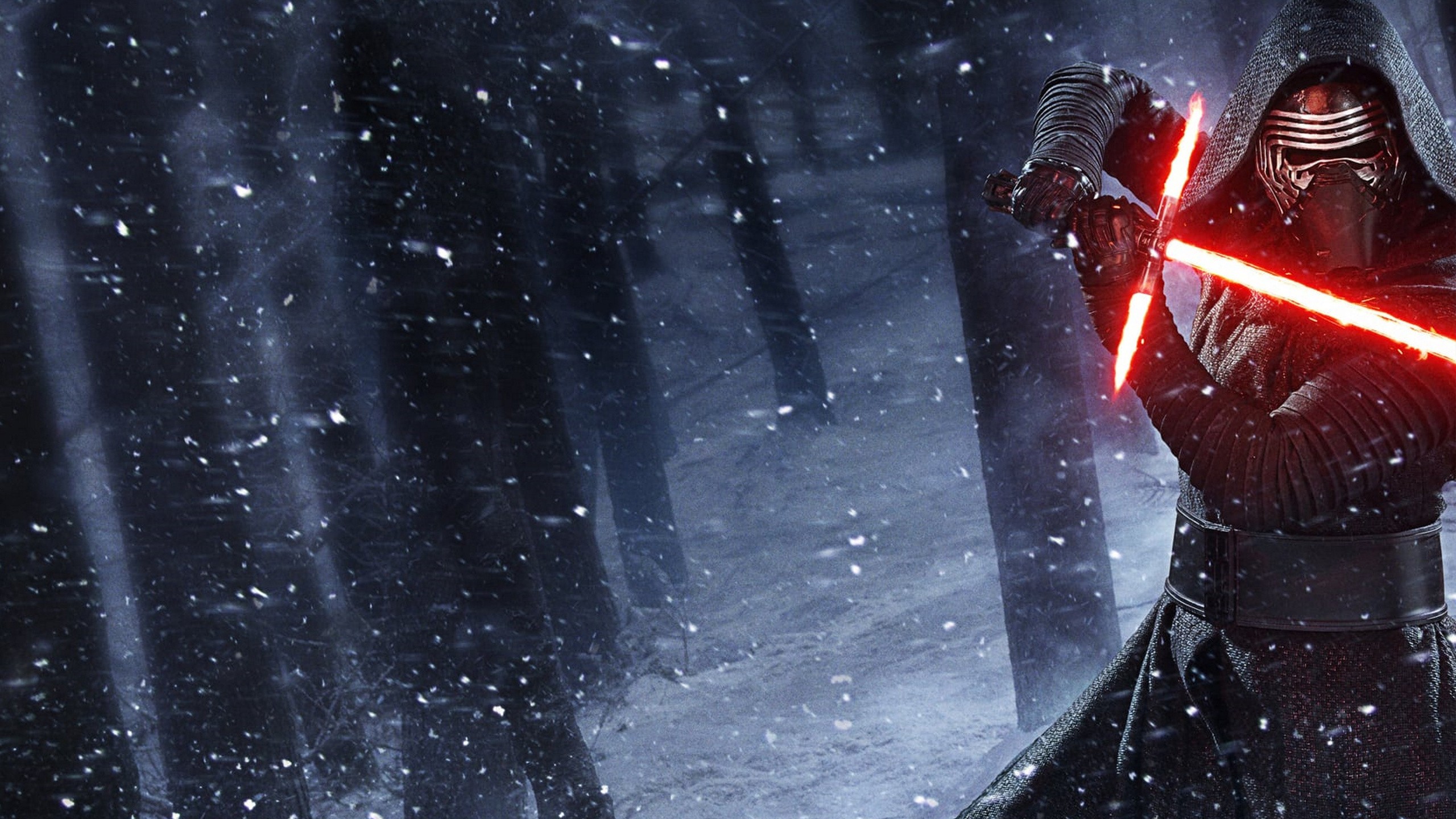 Kylo Ren holding a red lightsaber in a snowy forest HD Wallpaper