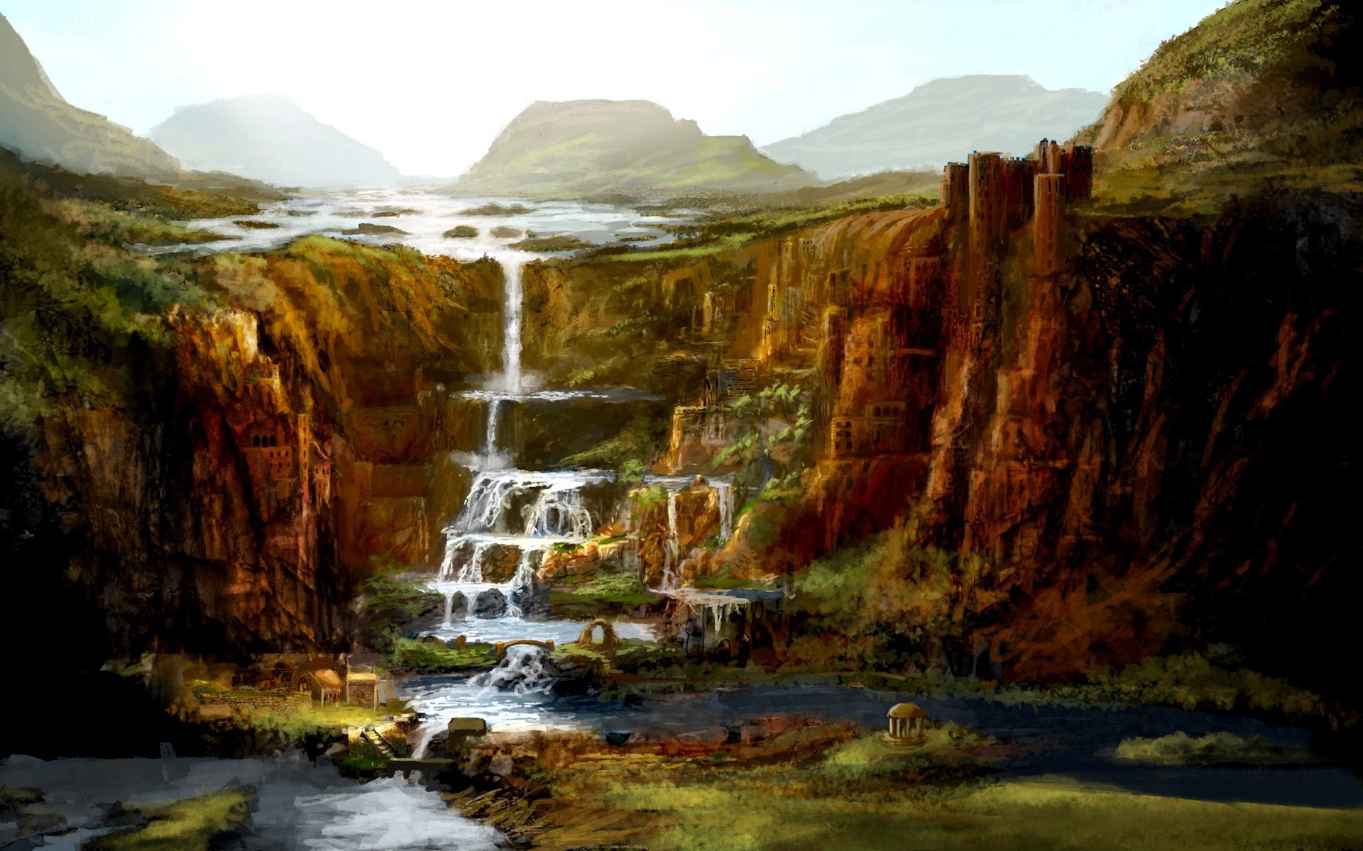 Fantasy art of a cascading waterfall and ancient ruins HD Wallpaper