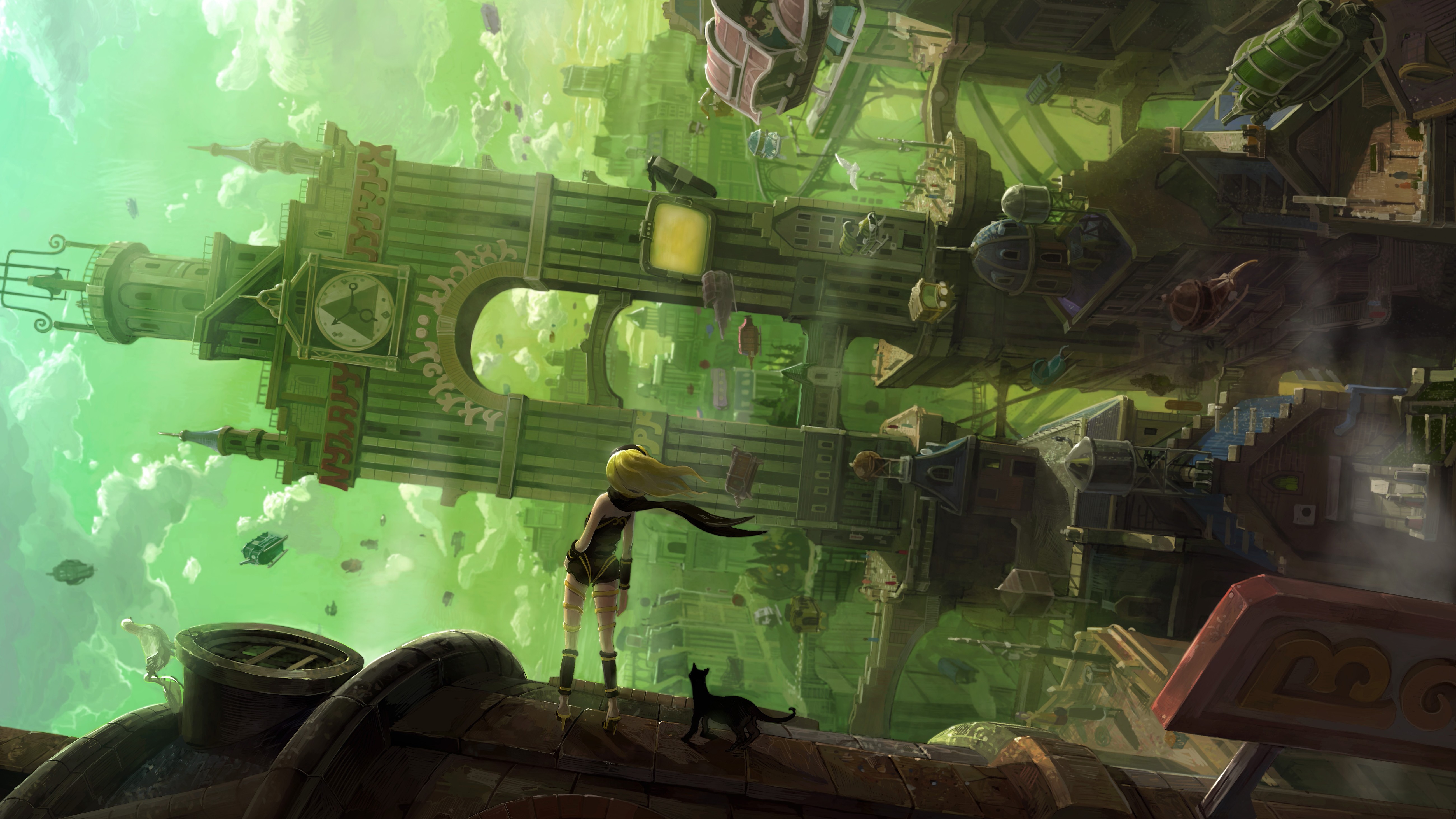 Gravity Rush: Girl and cat in a floating city HD Wallpaper