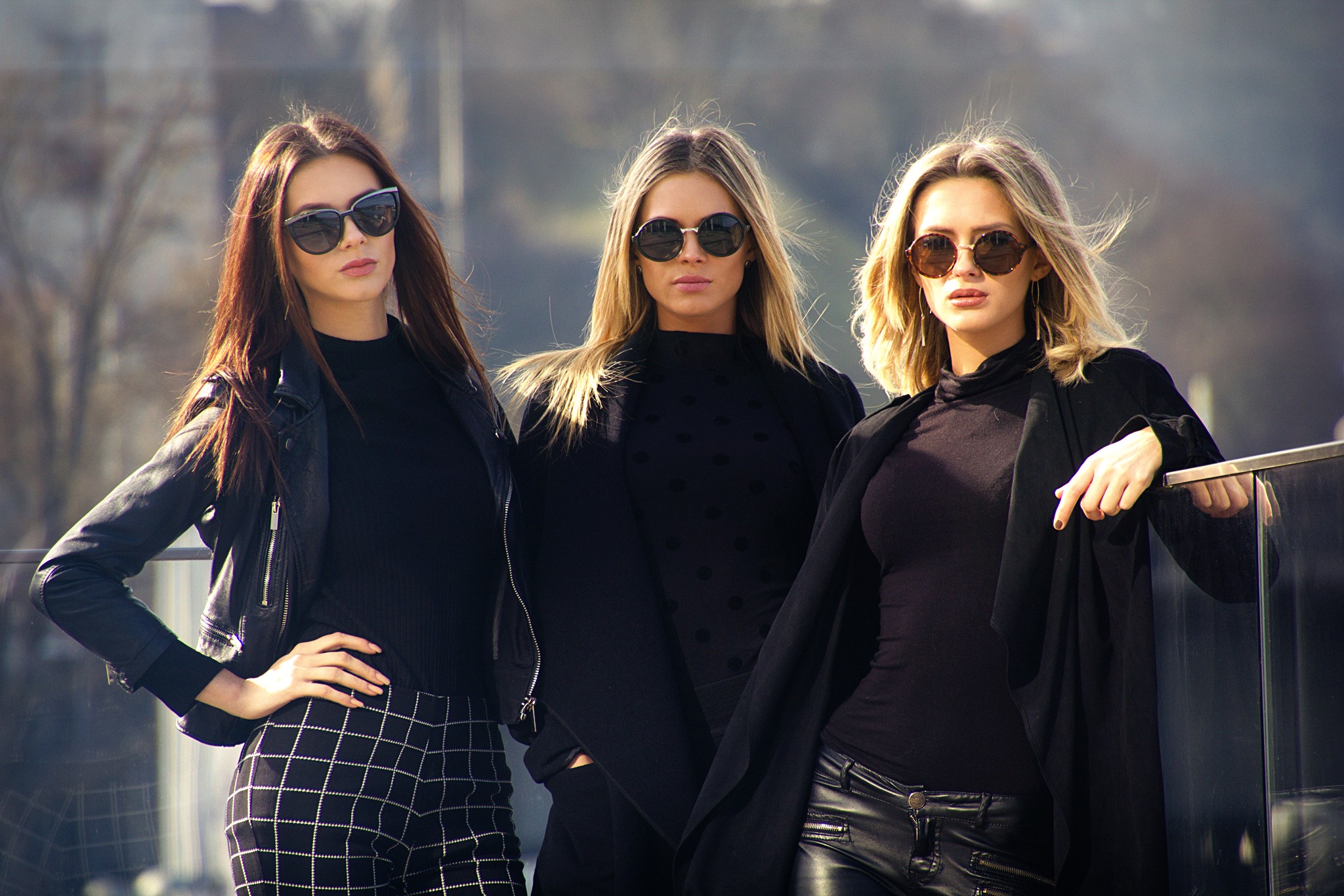 women outdoors, coats, Bernie Bee, women with shades, sunglasses, women, Diana Retegan, Retegan Sisters, black coat, Daniela Retegan, Hands on legs, leather jackets, Denise Retegan, group of women HD Wallpaper