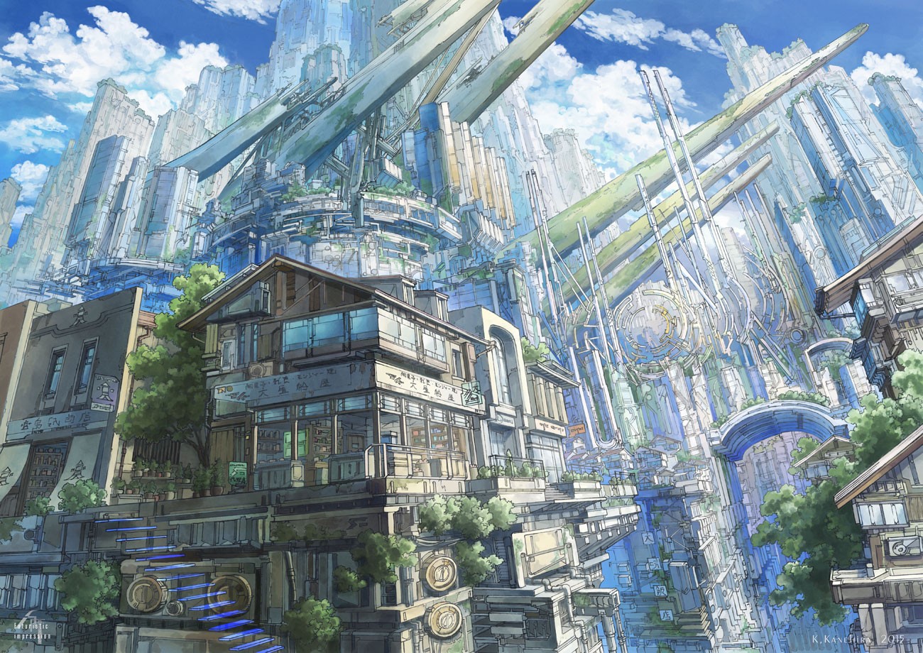 Anime city with futuristic architecture and traditional buildings HD Wallpaper