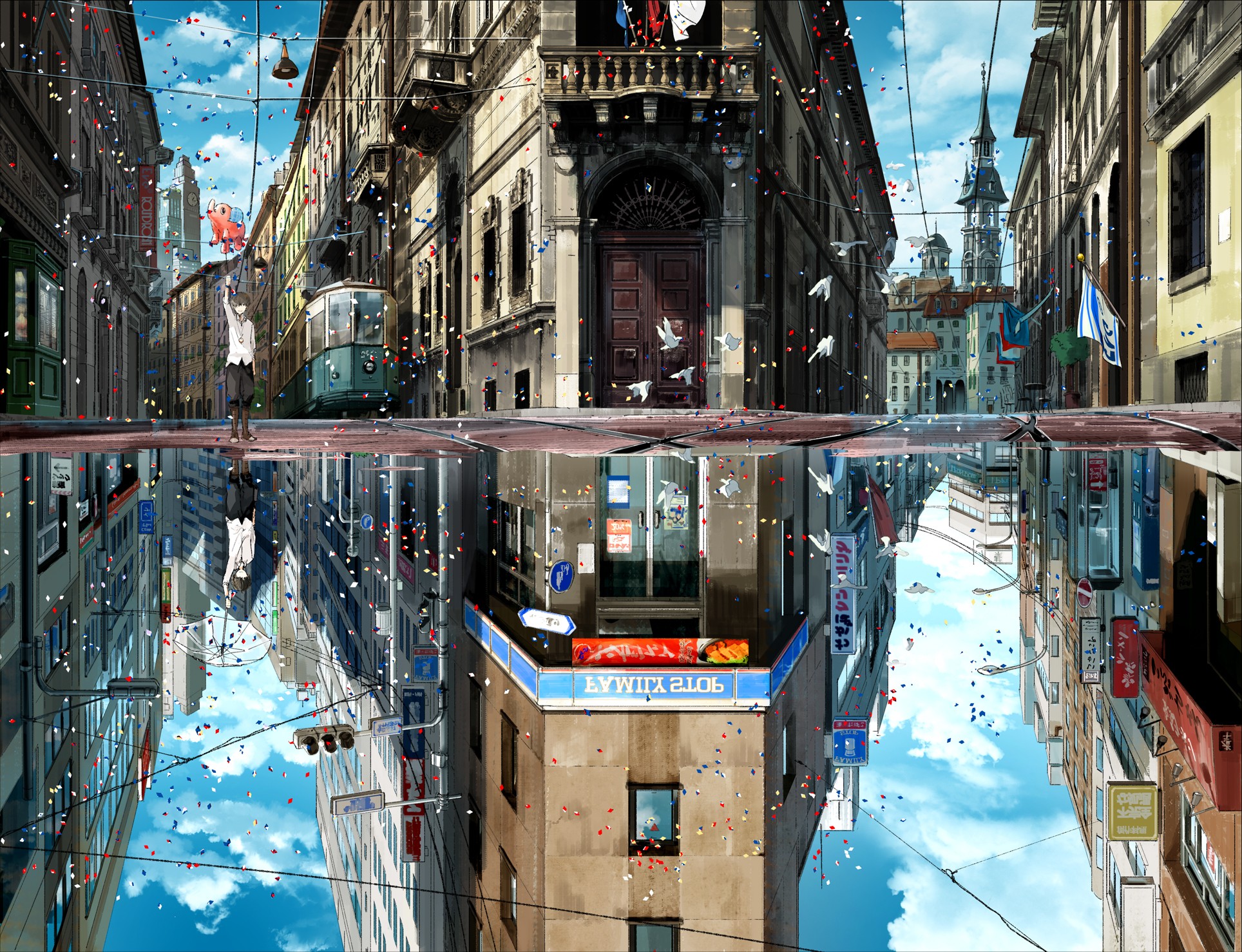 Anime city street with tram and reflection HD Wallpaper