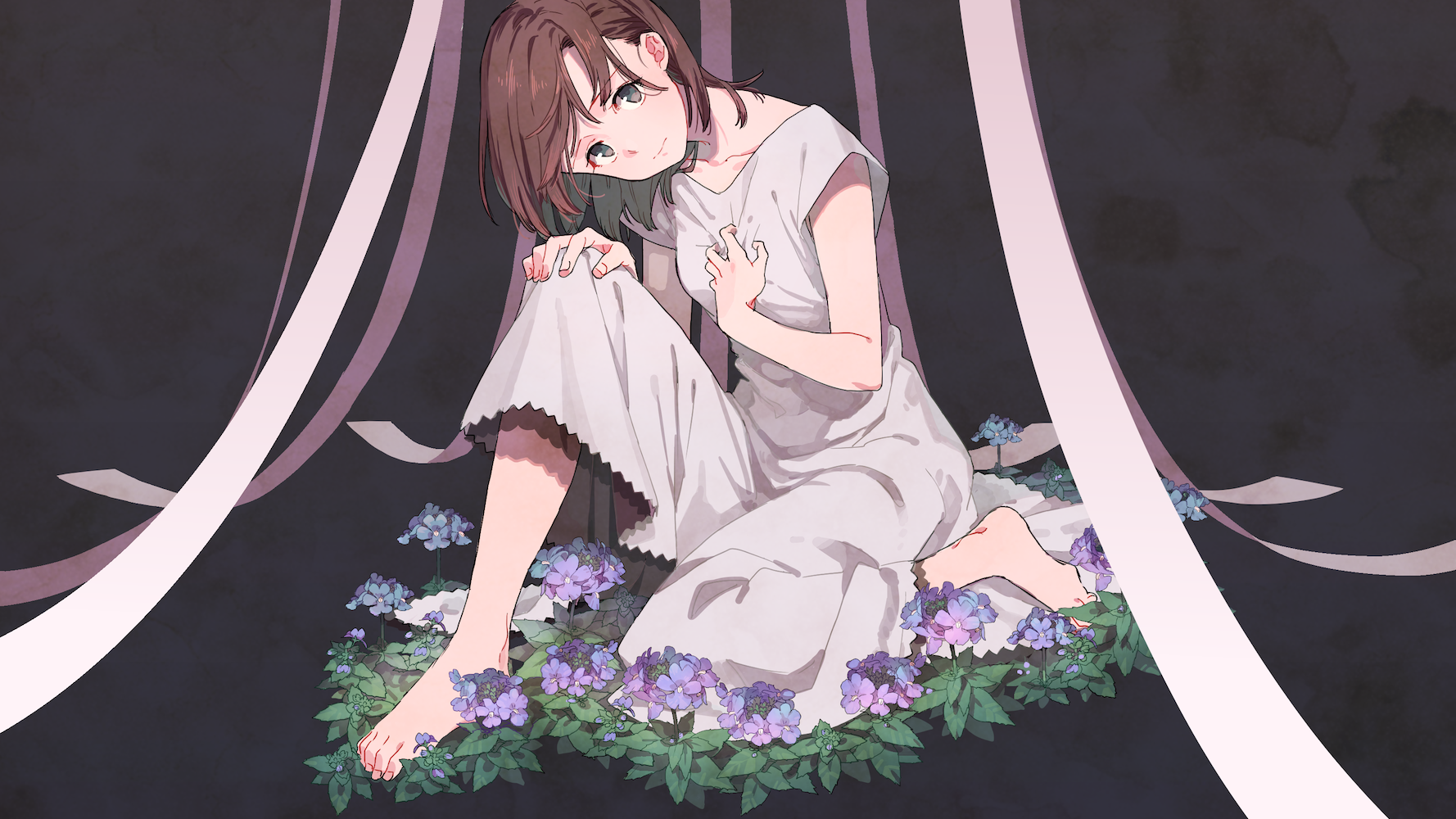 Anime girl in white dress sitting among flowers HD Wallpaper