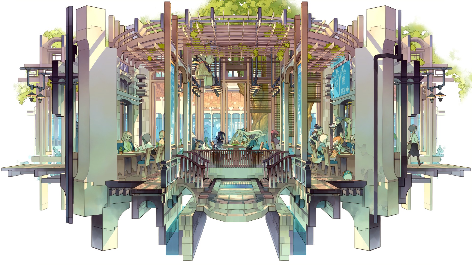 Anime characters in a multi-level cafe with plants HD Wallpaper
