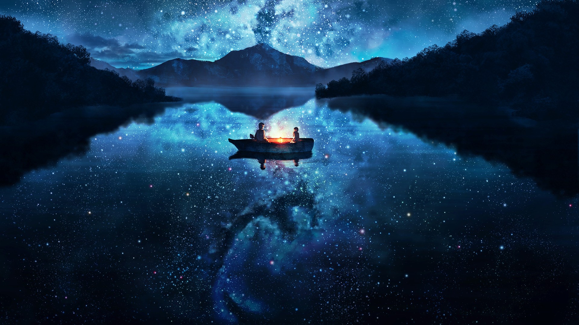 Two people in a boat under the Milky Way HD Wallpaper