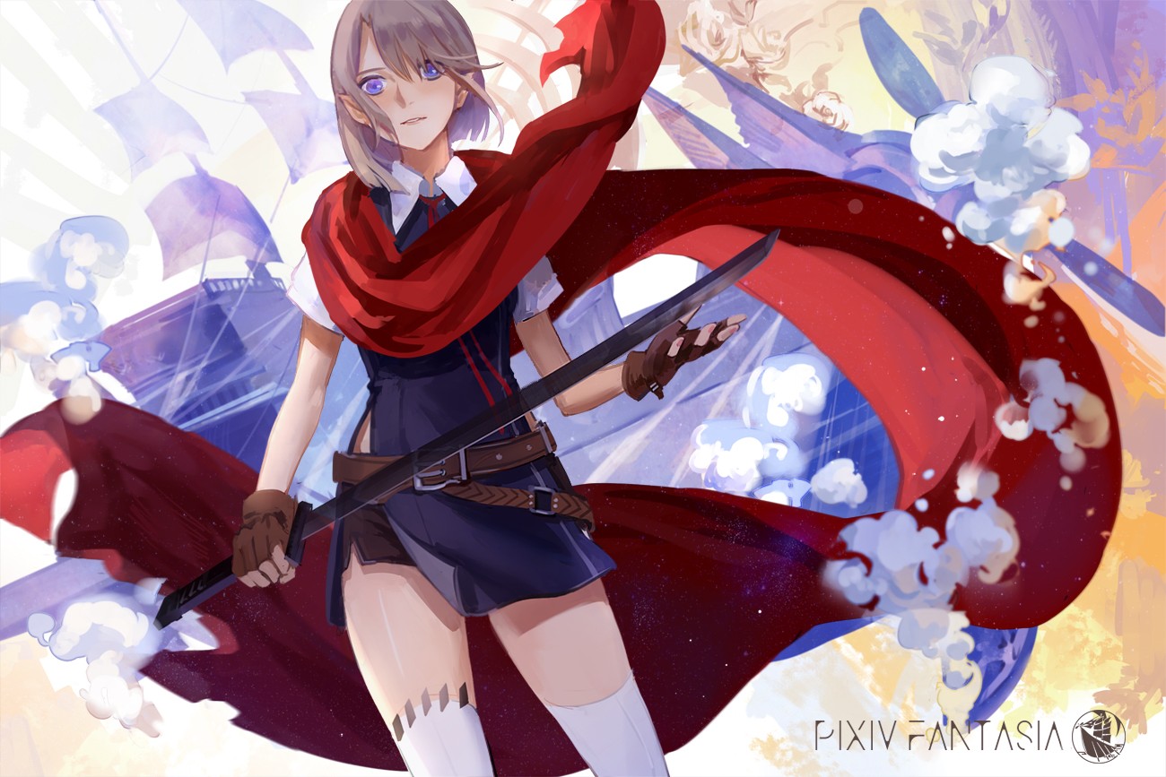 Anime Girl with Red Cape and Sword HD Wallpaper