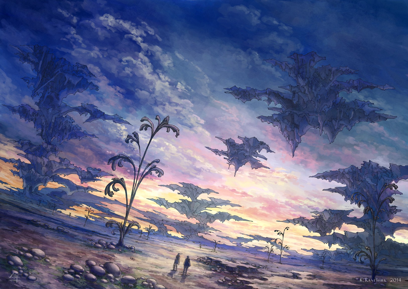 Anime landscape with floating islands and two figures HD Wallpaper