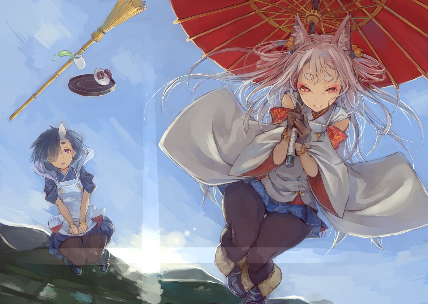 Anime girls with fox ears and a horn under a red umbrella HD Wallpaper