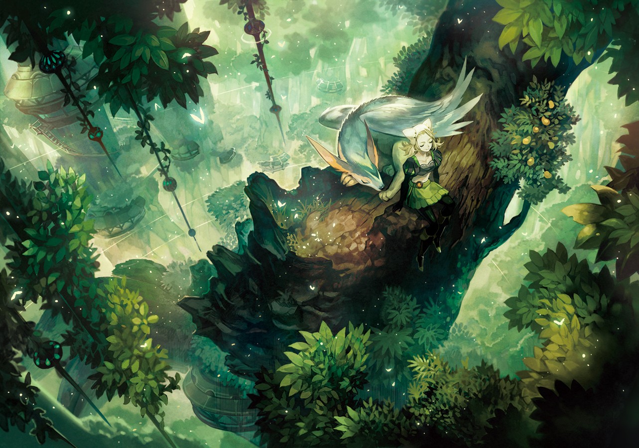 Anime girl and creature in a forest HD Wallpaper