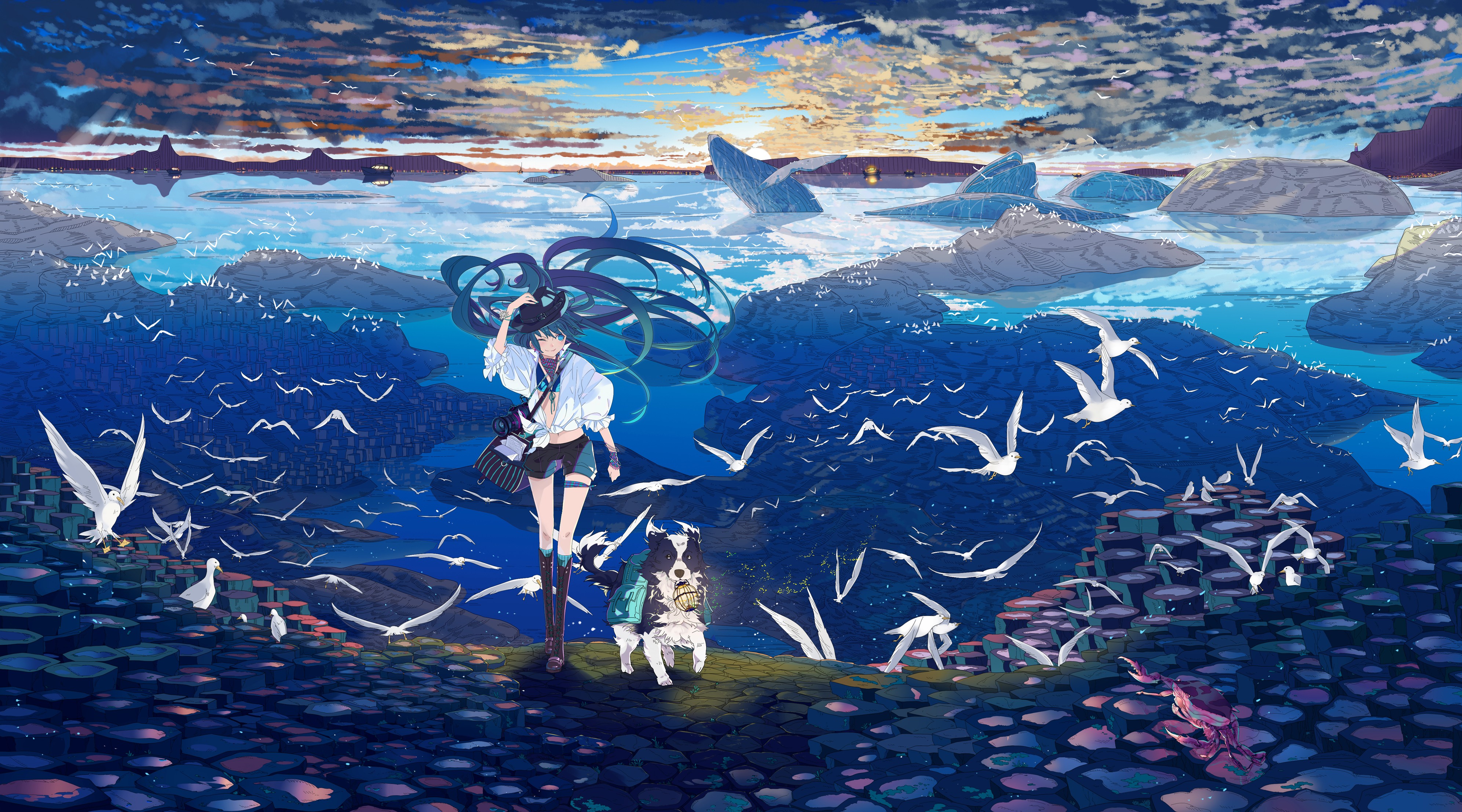 Anime girl and dog with seagulls by the sea HD Wallpaper