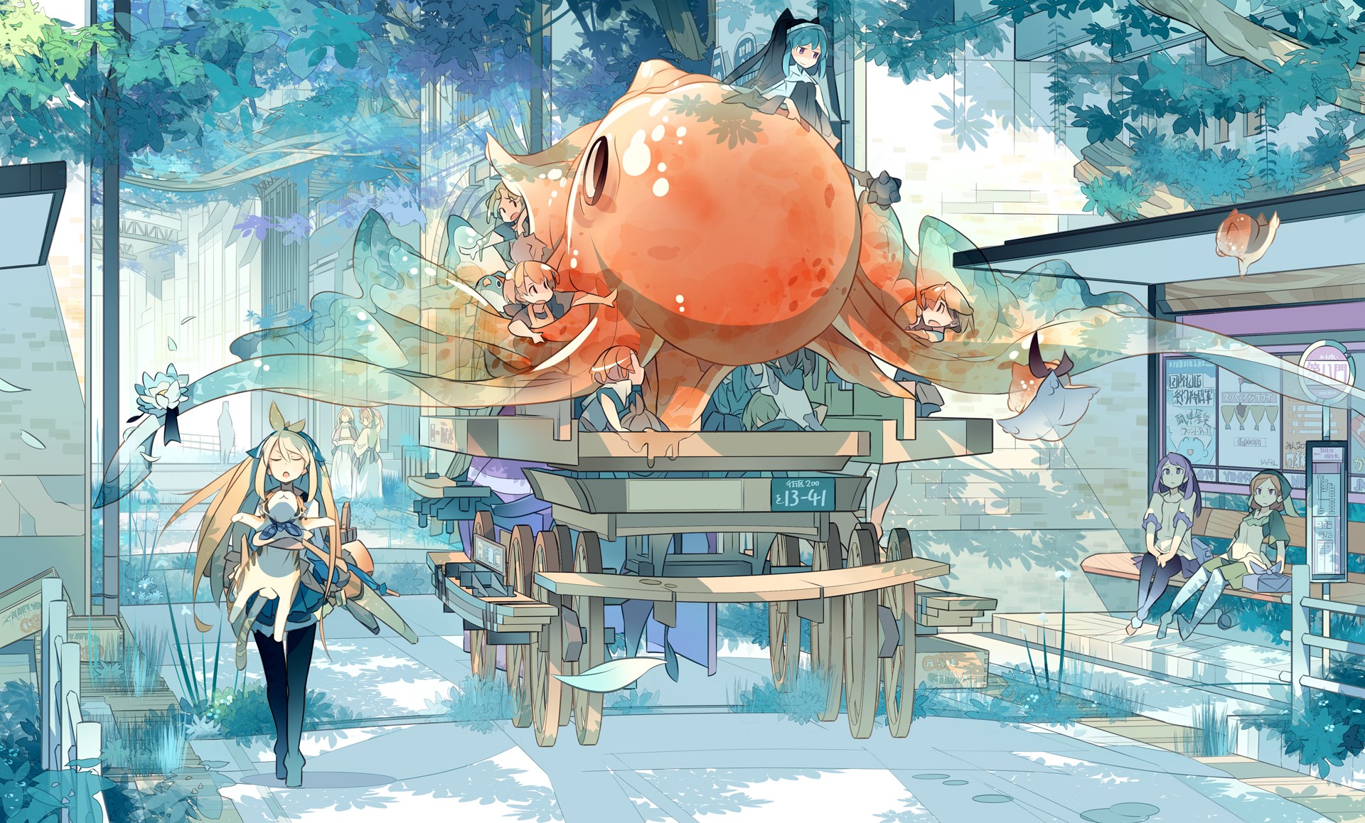 Anime characters on a float with an octopus HD Wallpaper