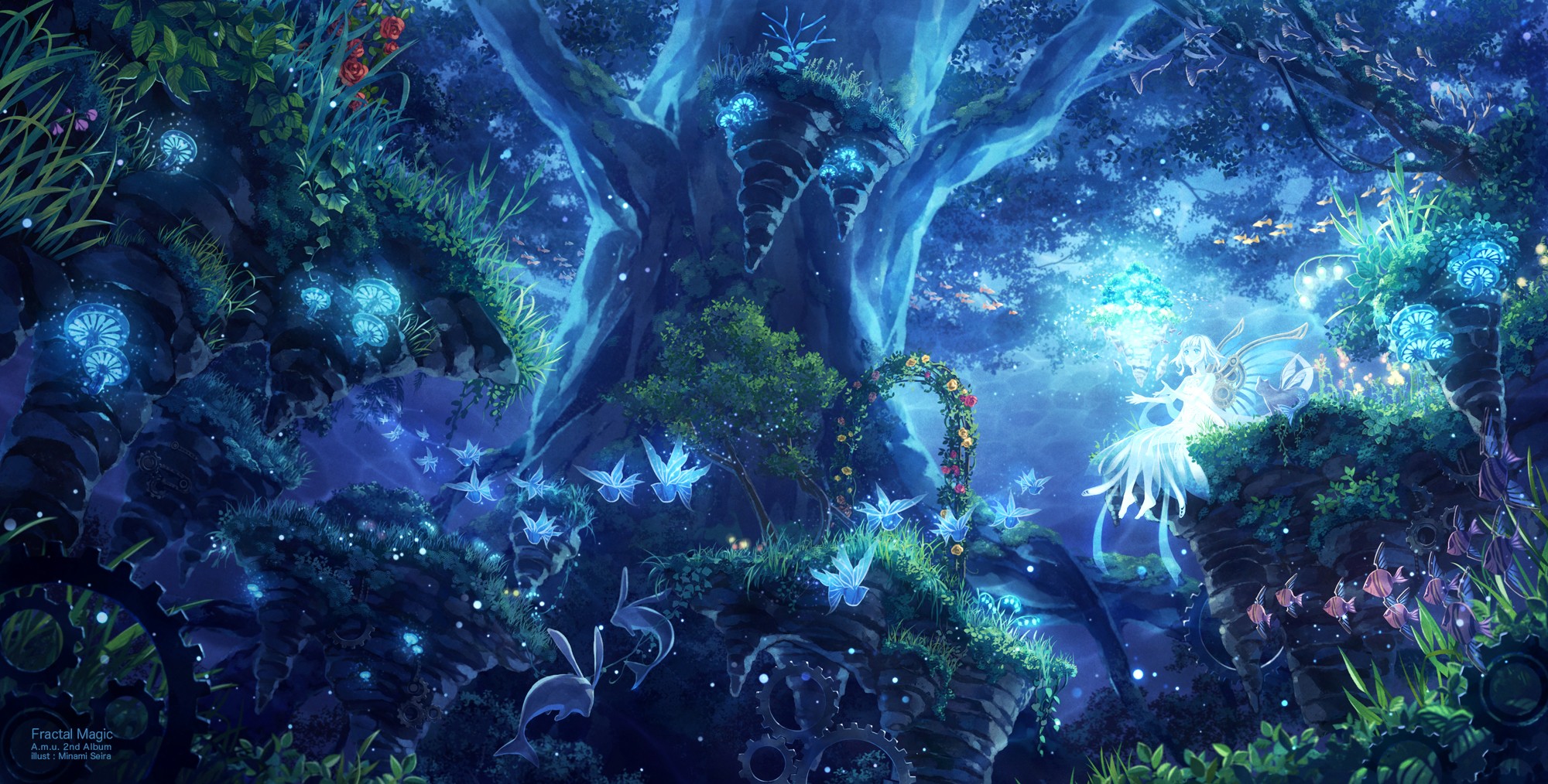 Anime fairy forest with glowing mushrooms and butterflies HD Wallpaper