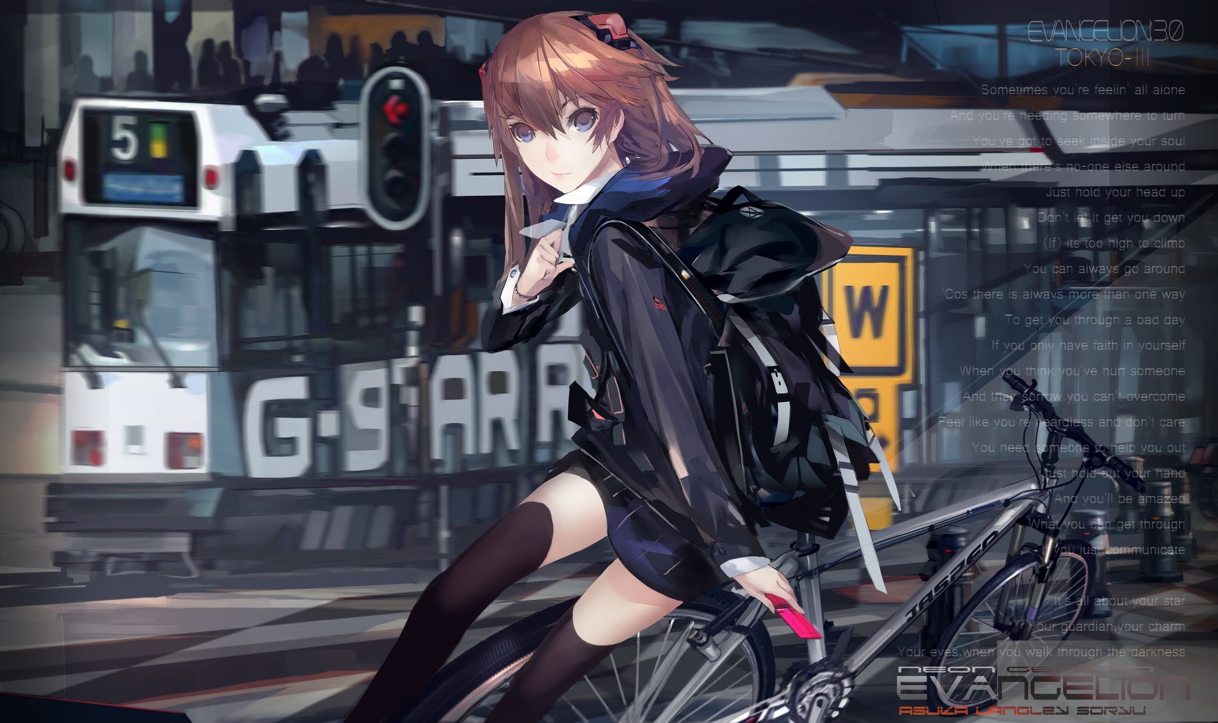 Asuka Langley Soryu on a bicycle in Tokyo HD Wallpaper