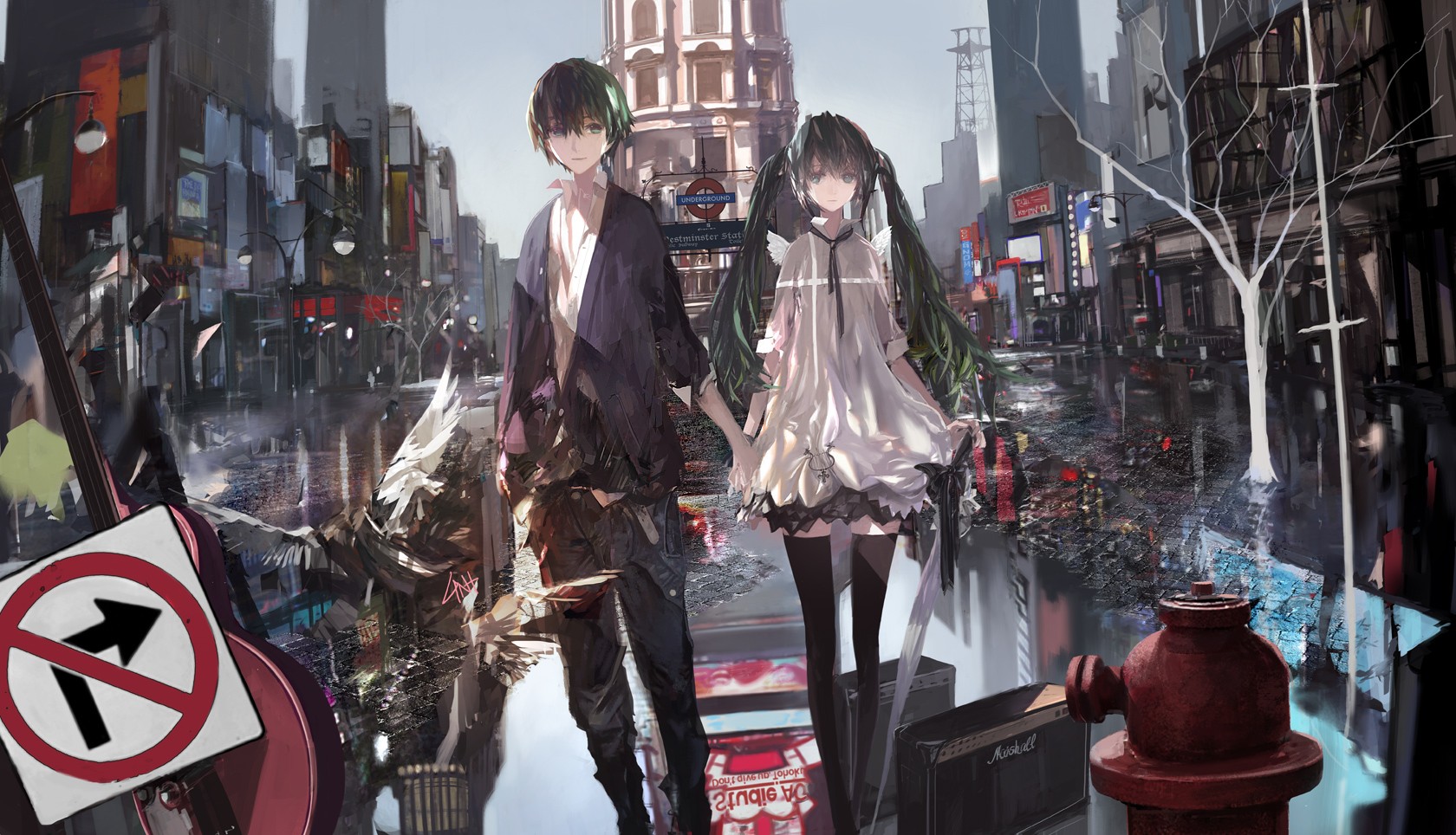 Anime couple holding hands in a rainy city HD Wallpaper