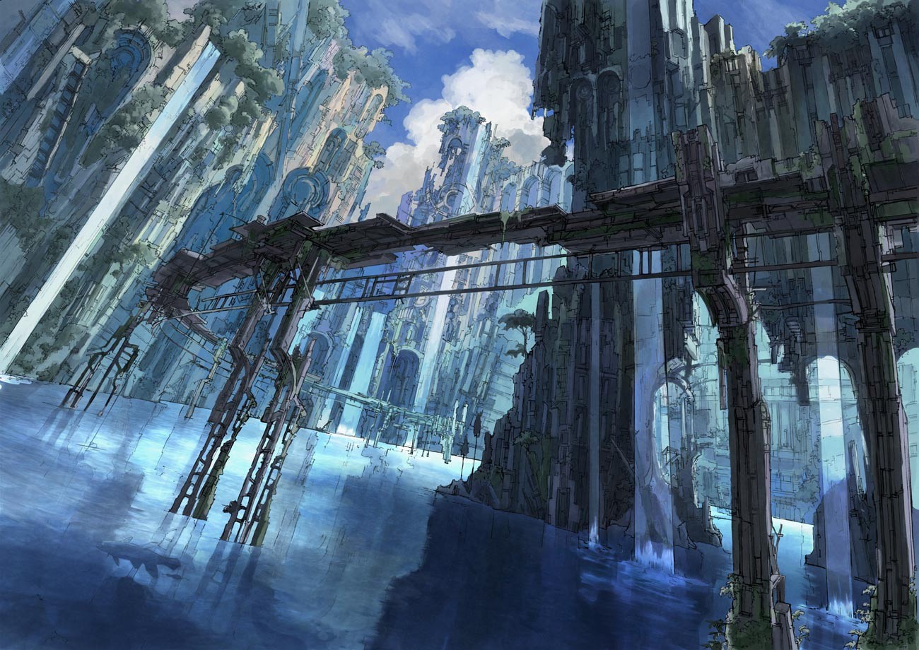 Anime city with bridges over water HD Wallpaper