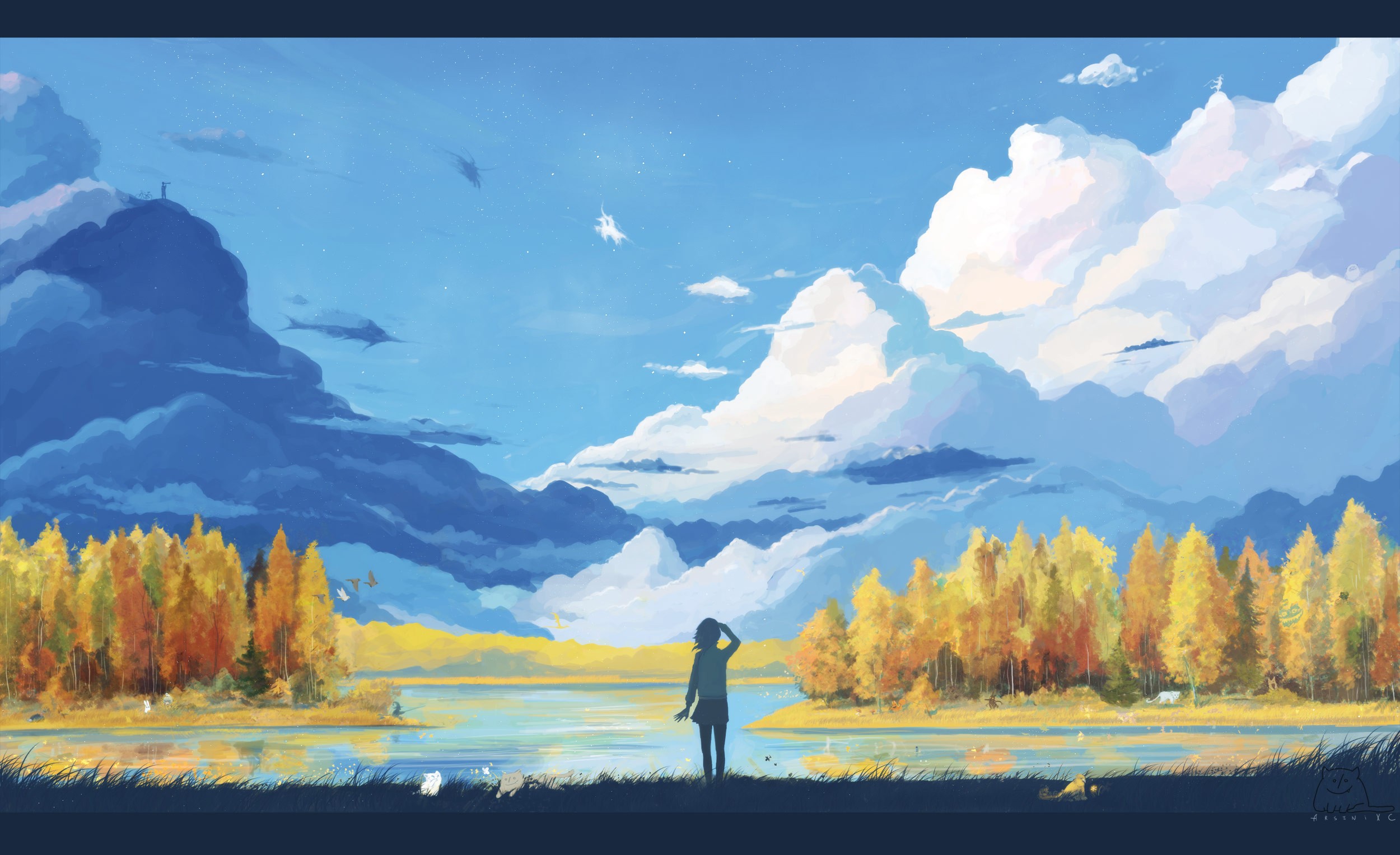 Anime landscape with a person looking at the sky HD Wallpaper