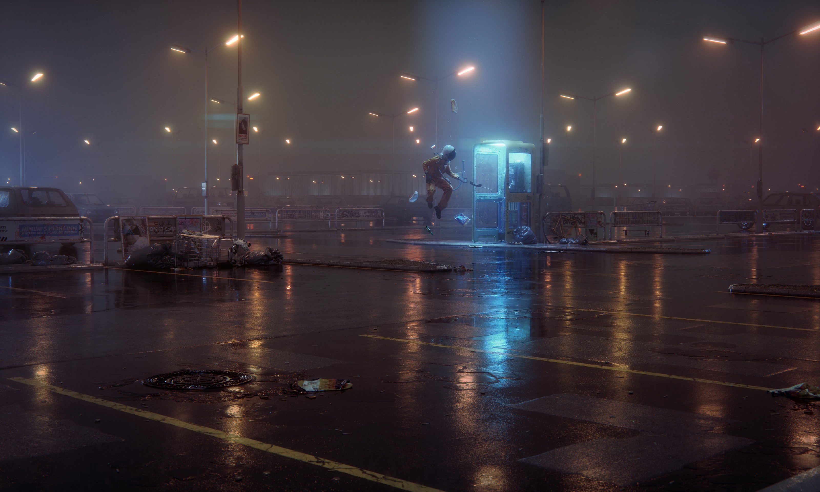 Astronaut in a foggy parking lot with a phone booth HD Wallpaper
