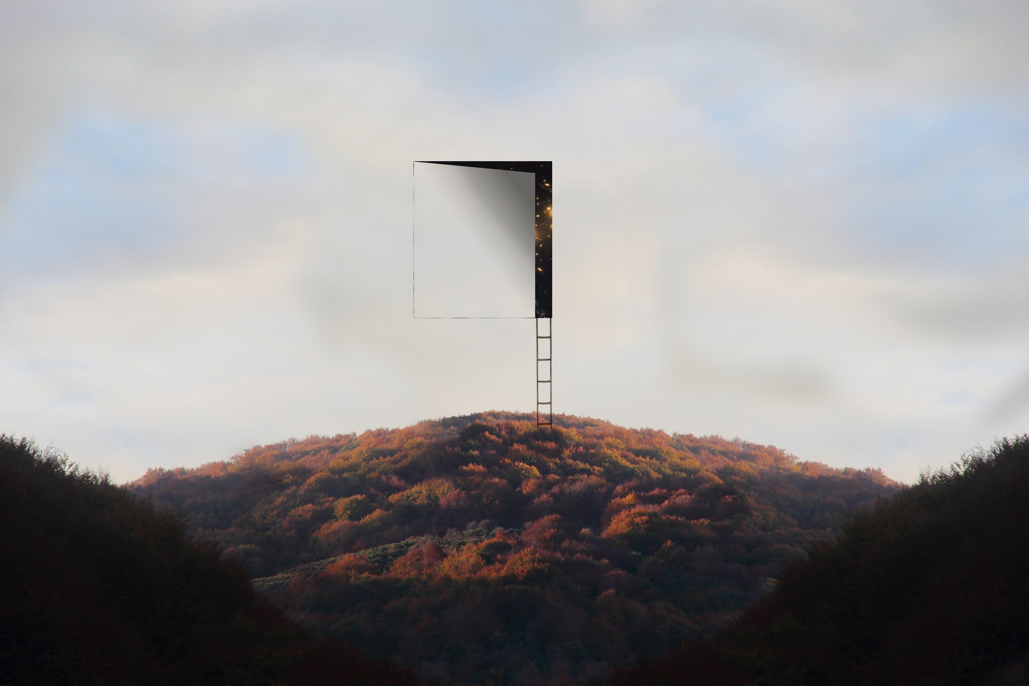 A surreal portal opens above a forest hill HD Wallpaper