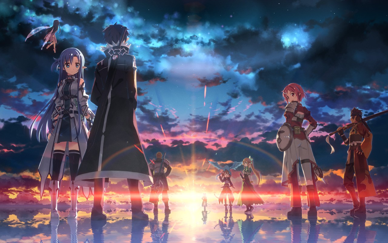 Sword Art Online characters stand on water at sunset HD Wallpaper