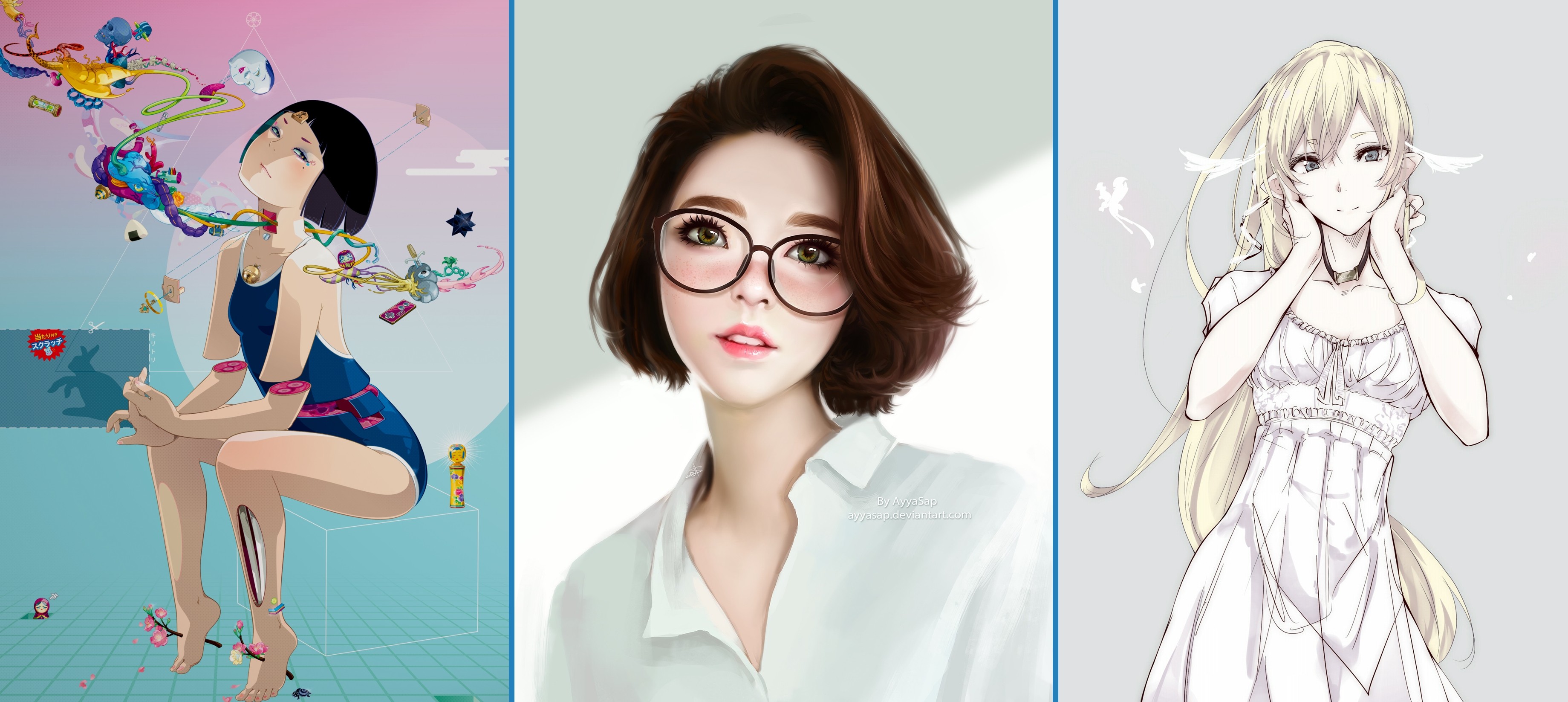 Collage of three anime artworks featuring girls HD Wallpaper
