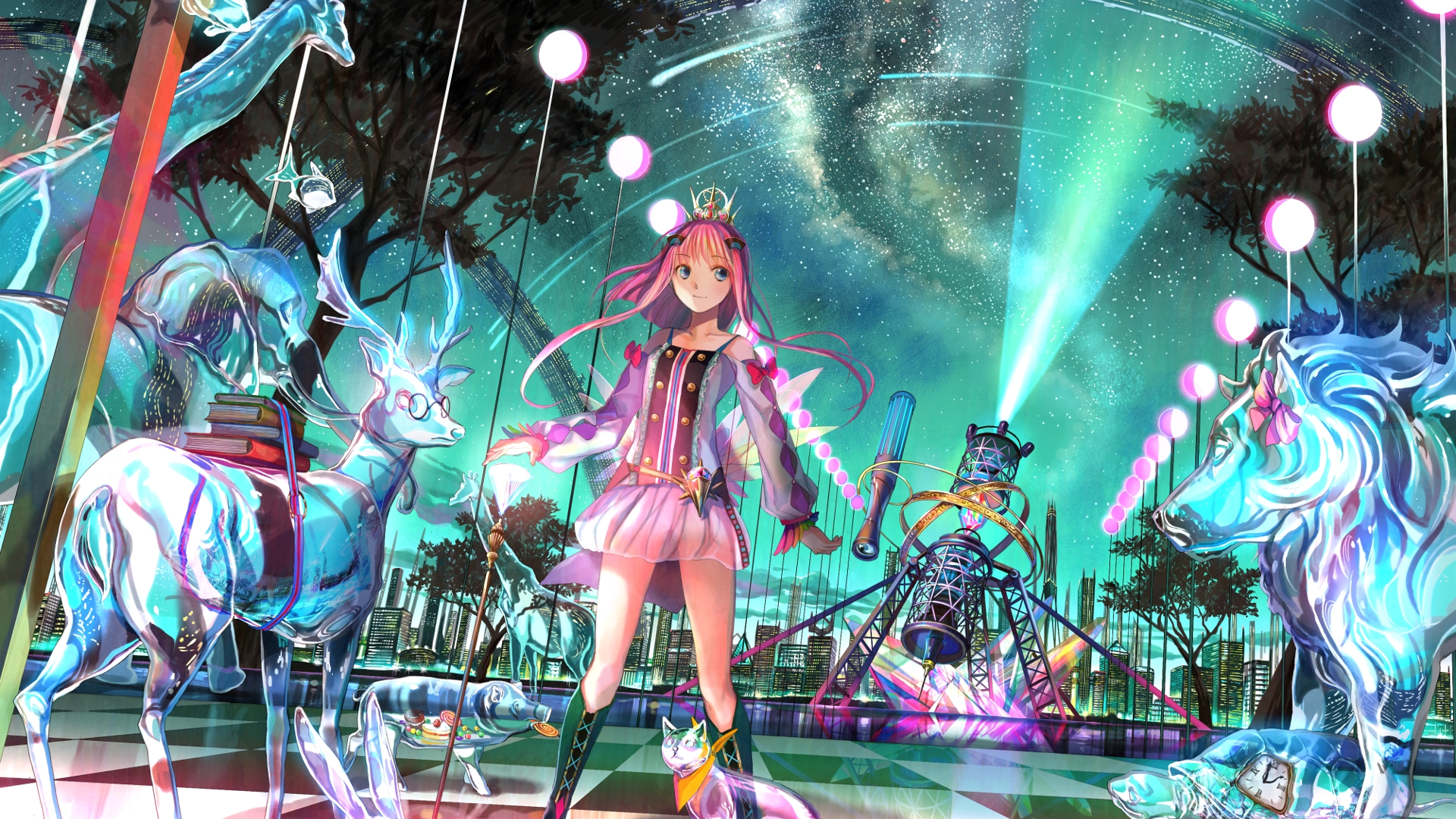 Anime girl with glass animals in a starry city park HD Wallpaper