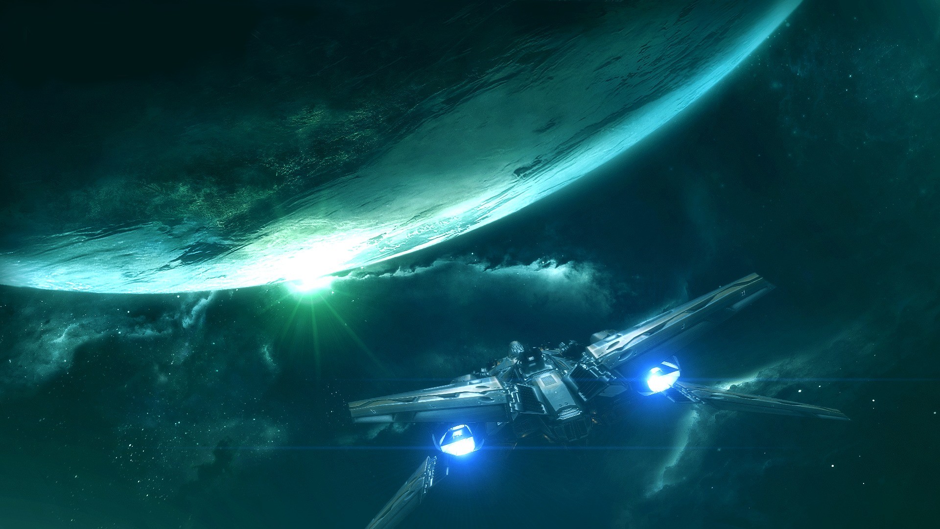 Spaceship flying near a planet in space HD Wallpaper