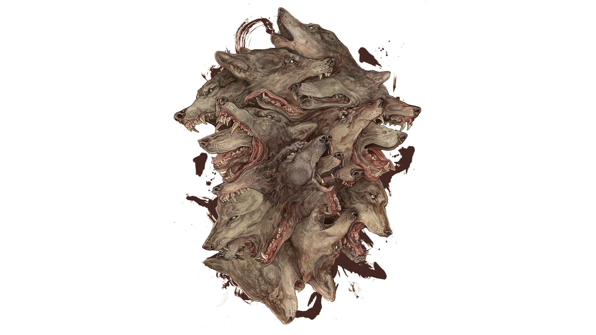A drawing of a cluster of wolf heads HD Wallpaper
