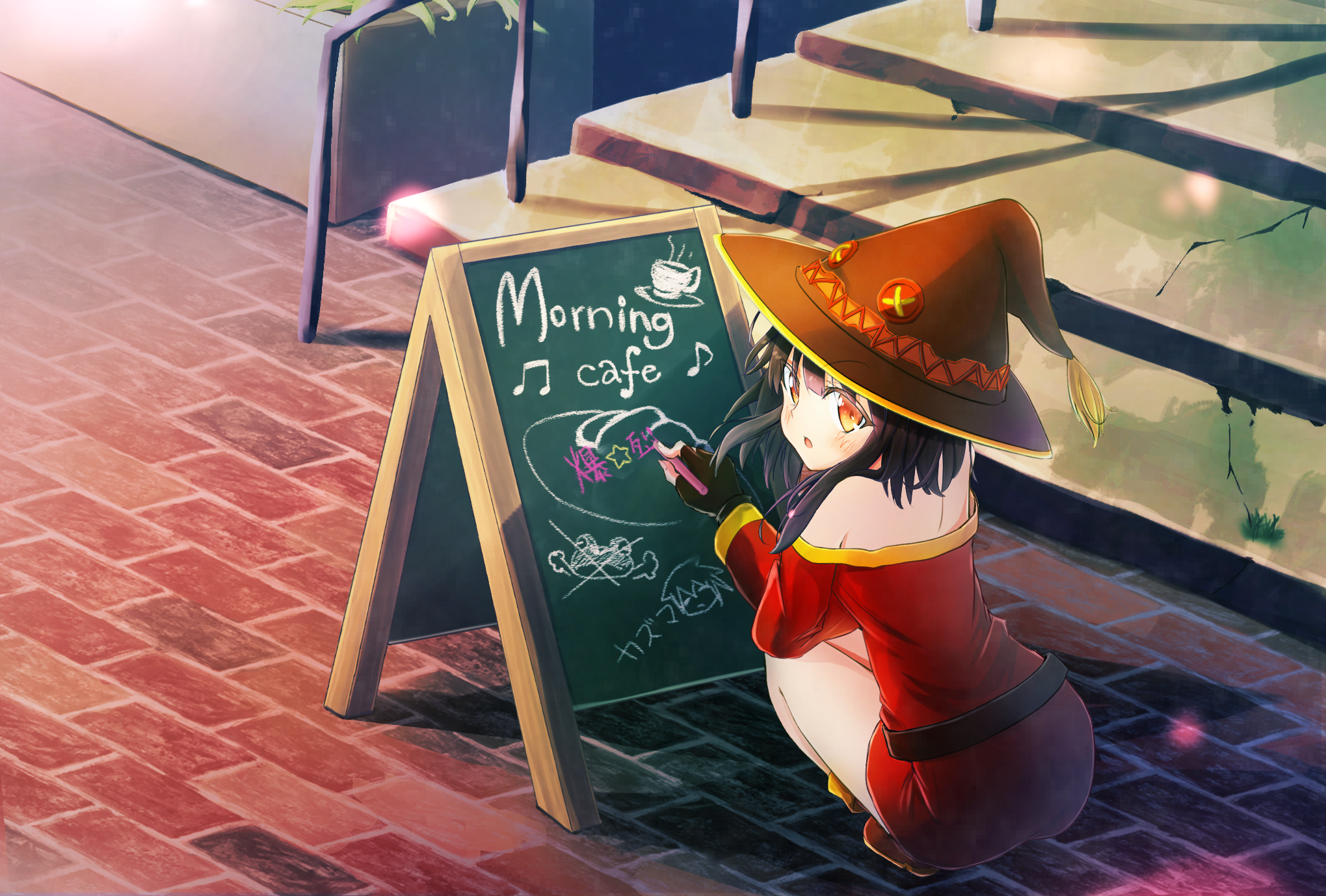 Megumin drawing on a cafe sign HD Wallpaper
