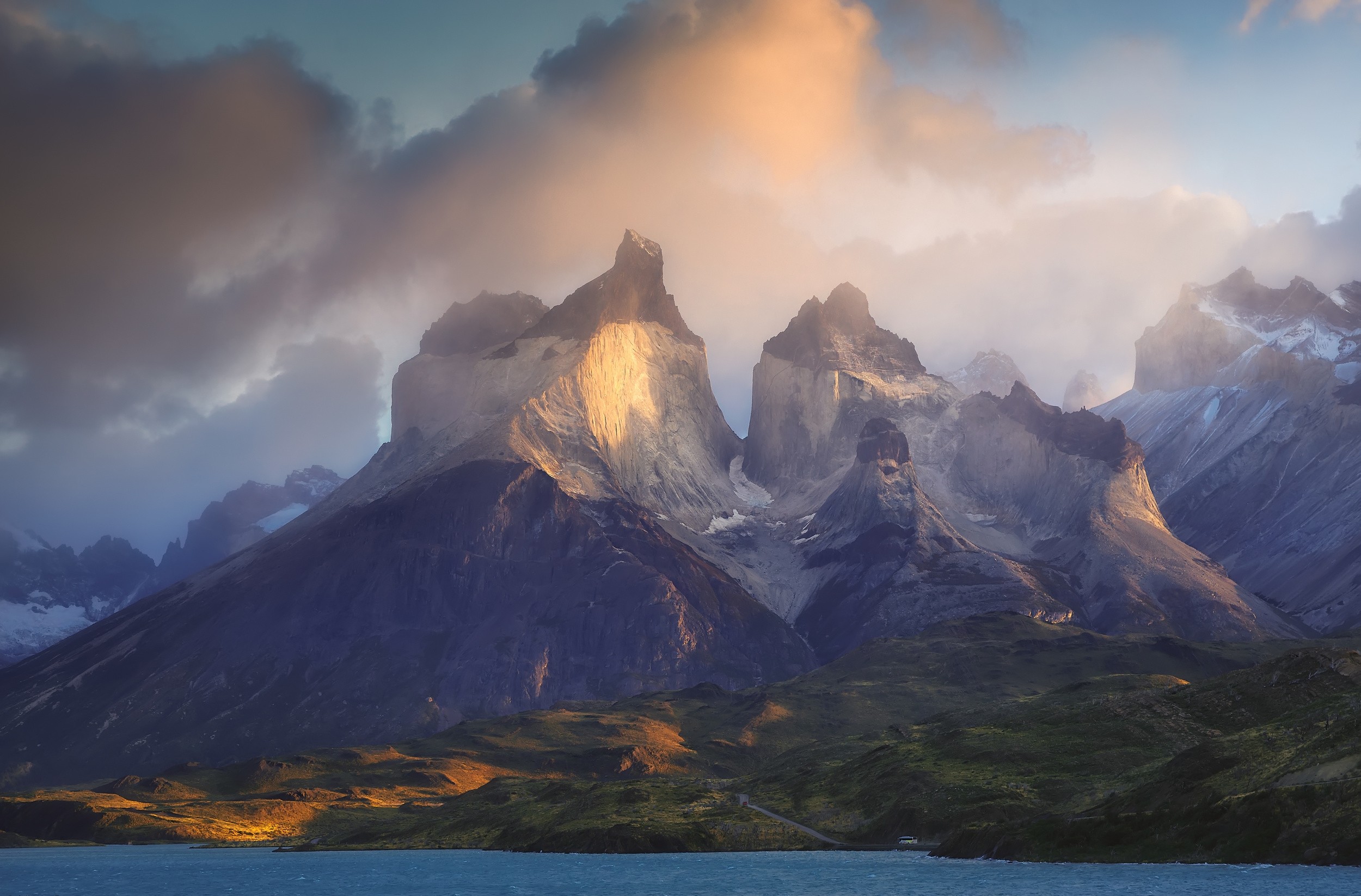 Torres del Paine, national park, nature, morning, Chile, sunlight, lake, photography, mountains, landscape, clouds, road, Patagonia, buses HD Wallpaper