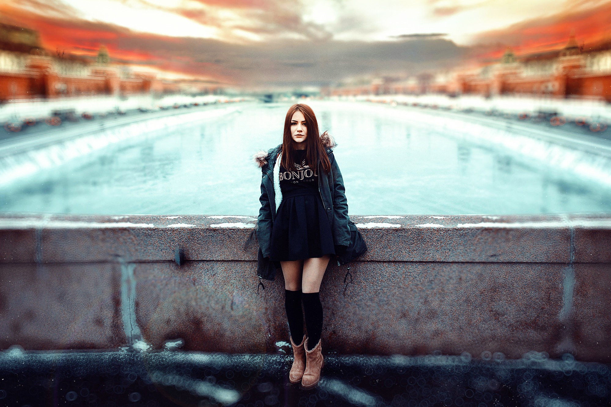 Woman in black dress and jacket on a bridge HD Wallpaper