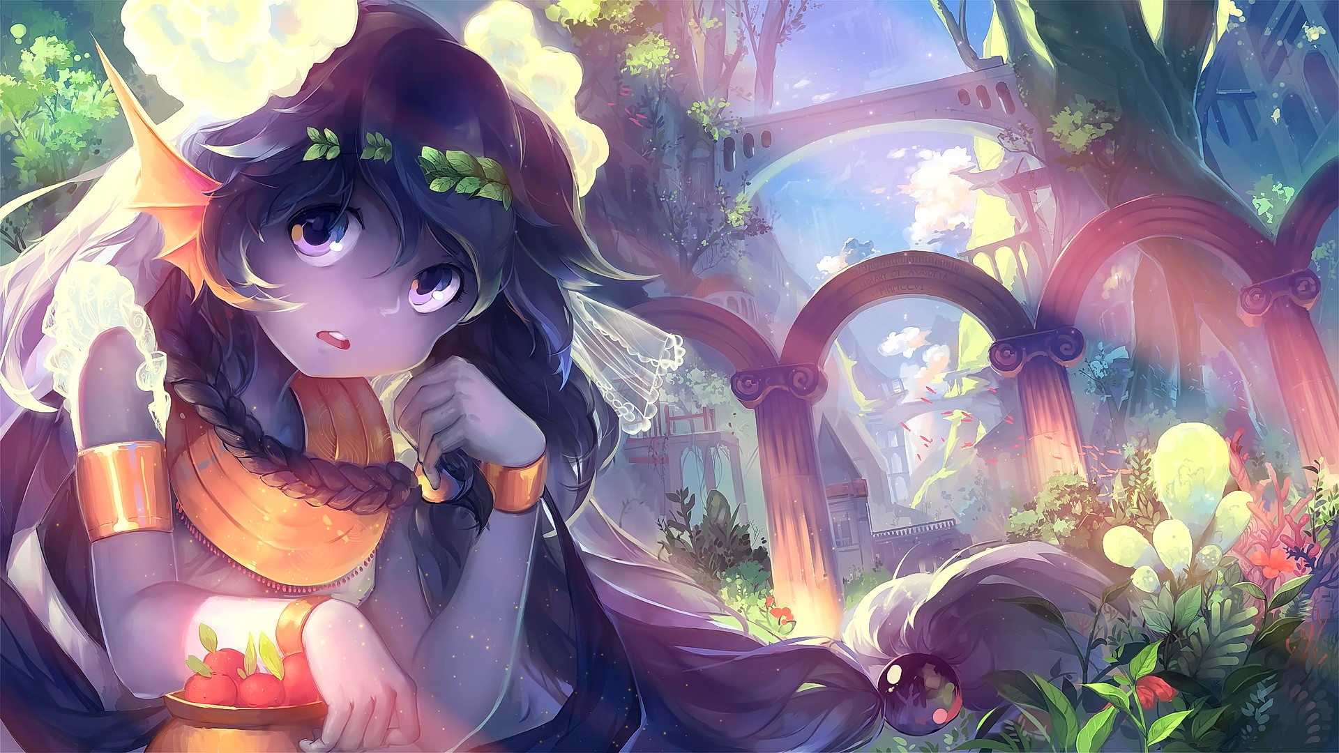 Anime girl with blue eyes and long hair in a garden HD Wallpaper
