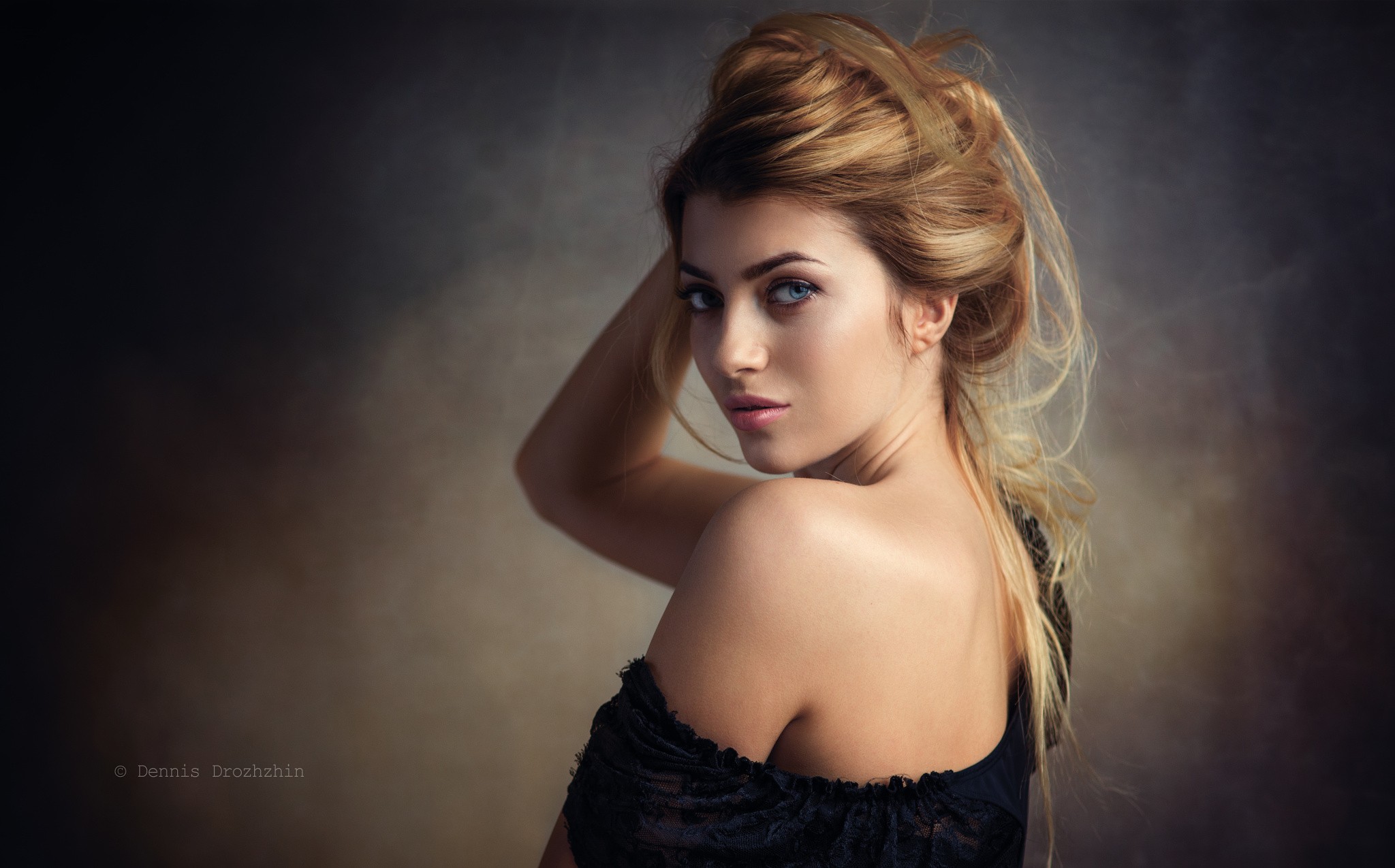 blonde, blue eyes, simple background, hands on head, portrait, bare shoulders, face, 500px, Dennis Drozhzhin, women, Anna HD Wallpaper