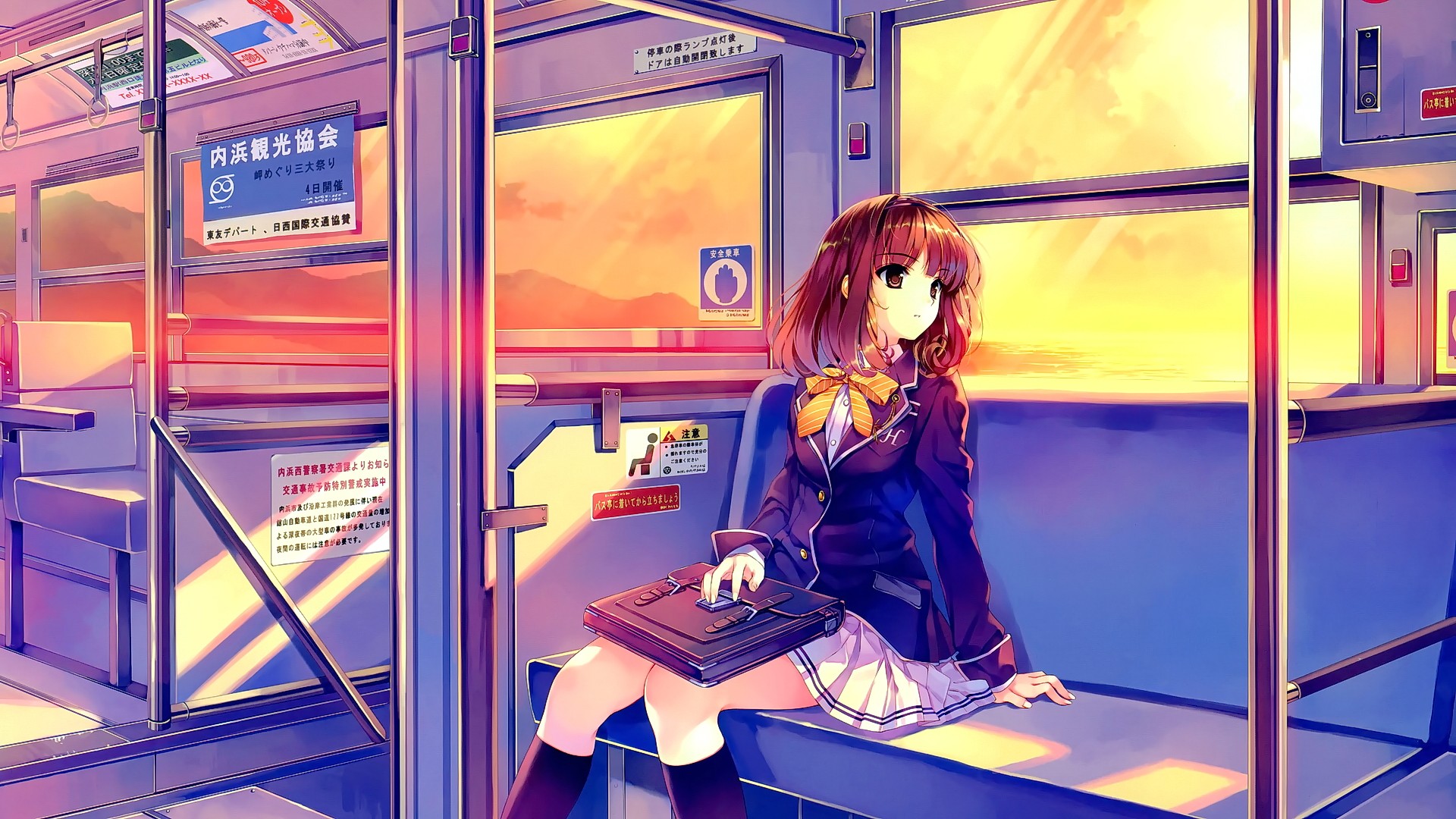 Anime girl in school uniform on a train HD Wallpaper