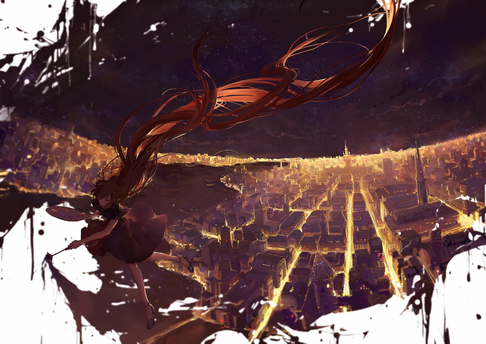 Anime girl with long hair painting a city at night HD Wallpaper