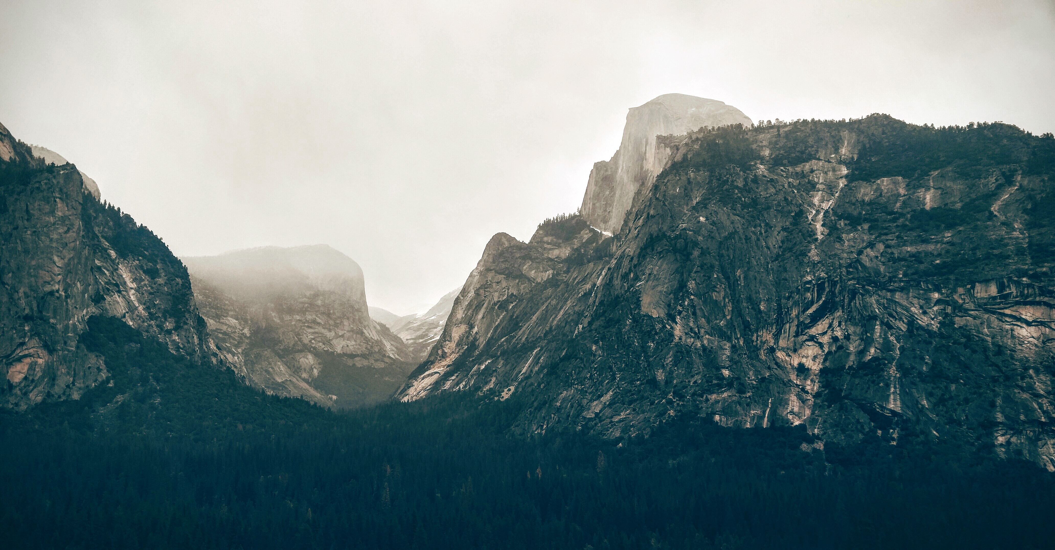 Yosemite National Park mountains on a foggy day HD Wallpaper