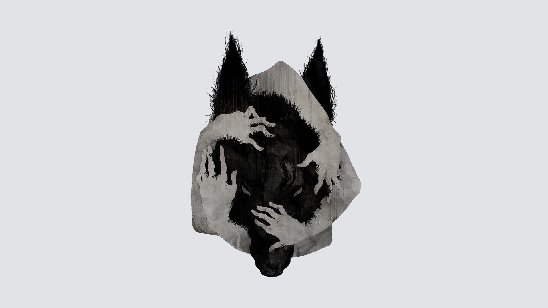Abstract wolf with hands on a white background HD Wallpaper