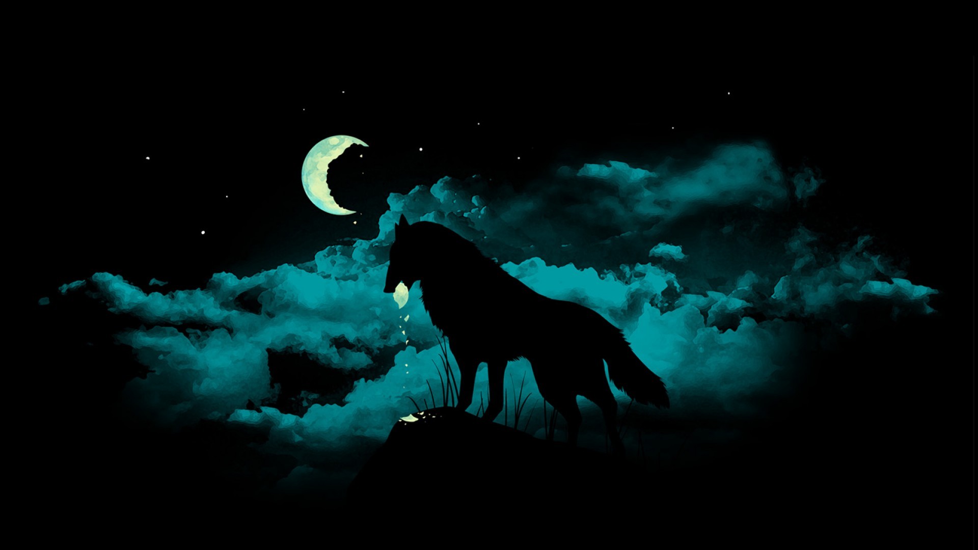 Silhouette of a wolf under a crescent moon HD Wallpaper