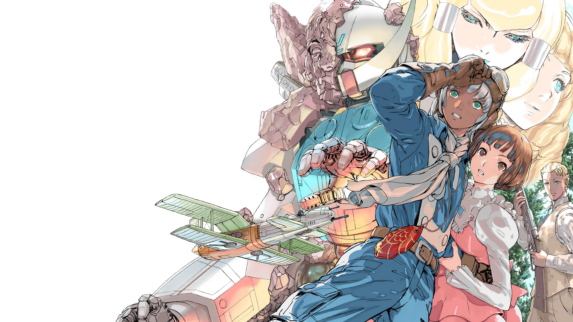 Anime characters and a Gundam robot HD Wallpaper