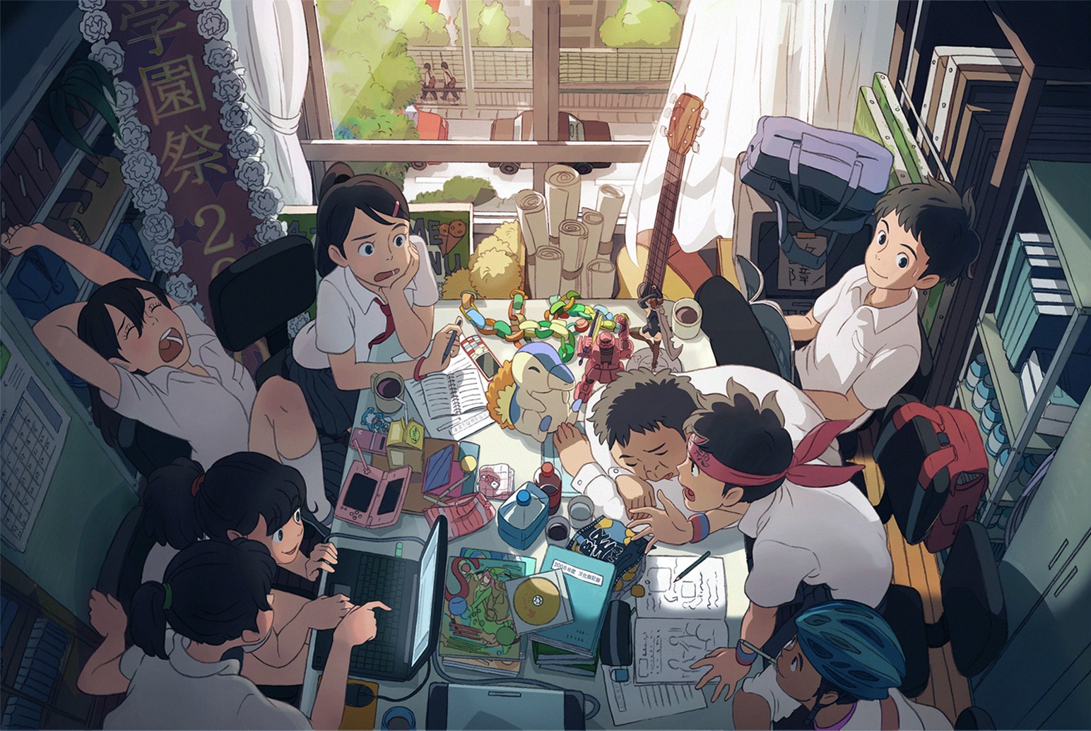 Anime characters gathered around a table with toys and books HD Wallpaper