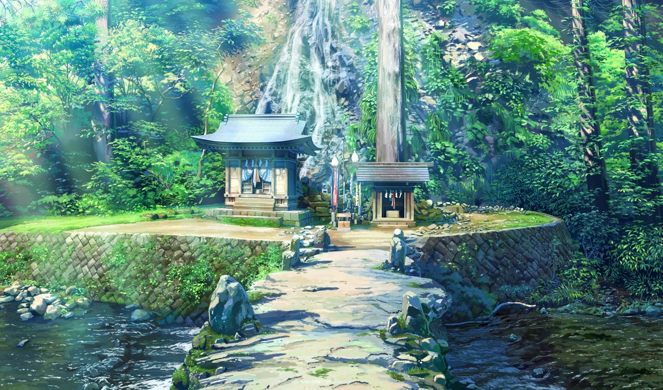 Anime Japanese Shinto shrines by a waterfall HD Wallpaper