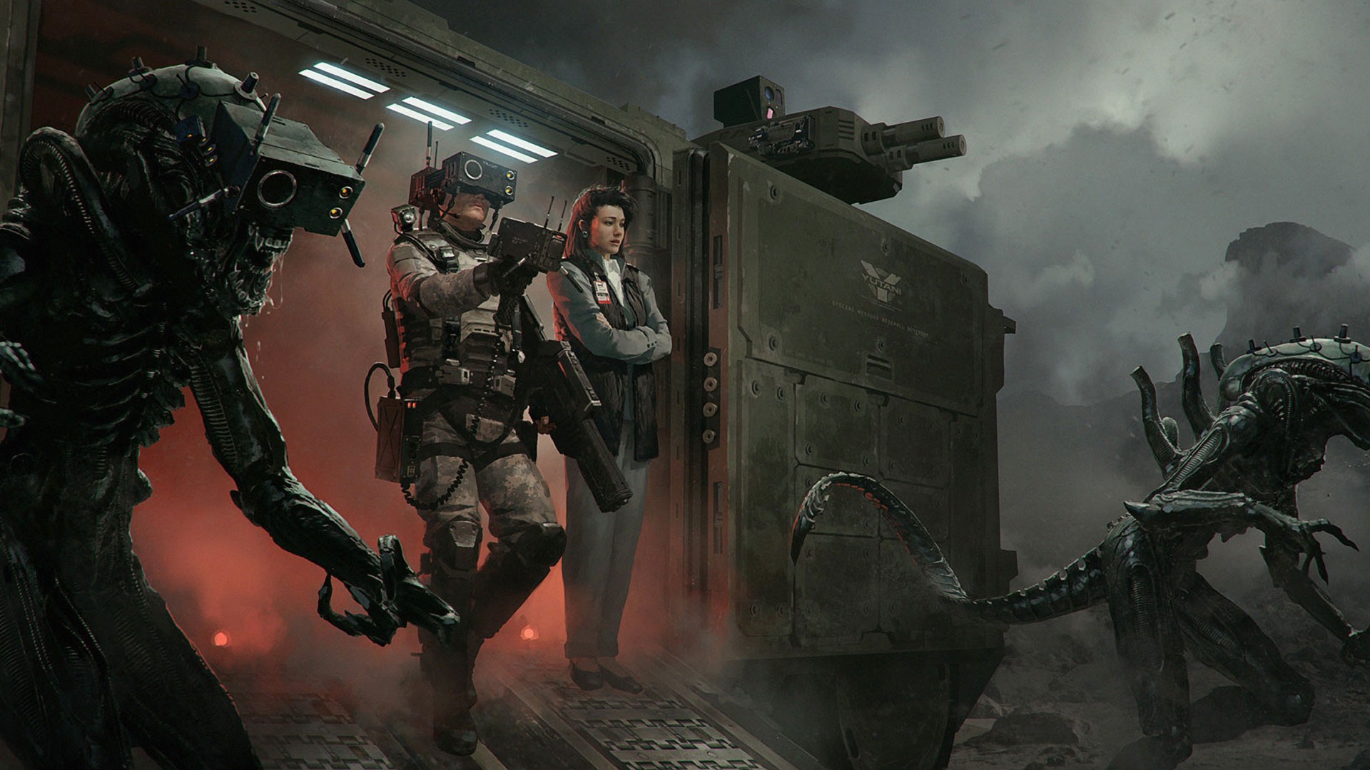 Alien concept art with soldiers and xenomorphs HD Wallpaper