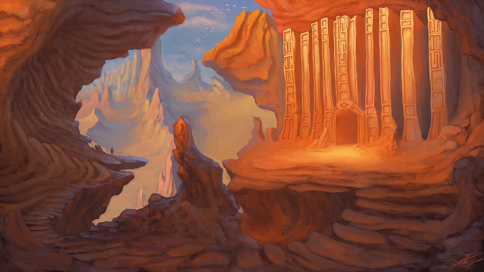Fantasy canyon with ancient architecture and floating islands HD Wallpaper