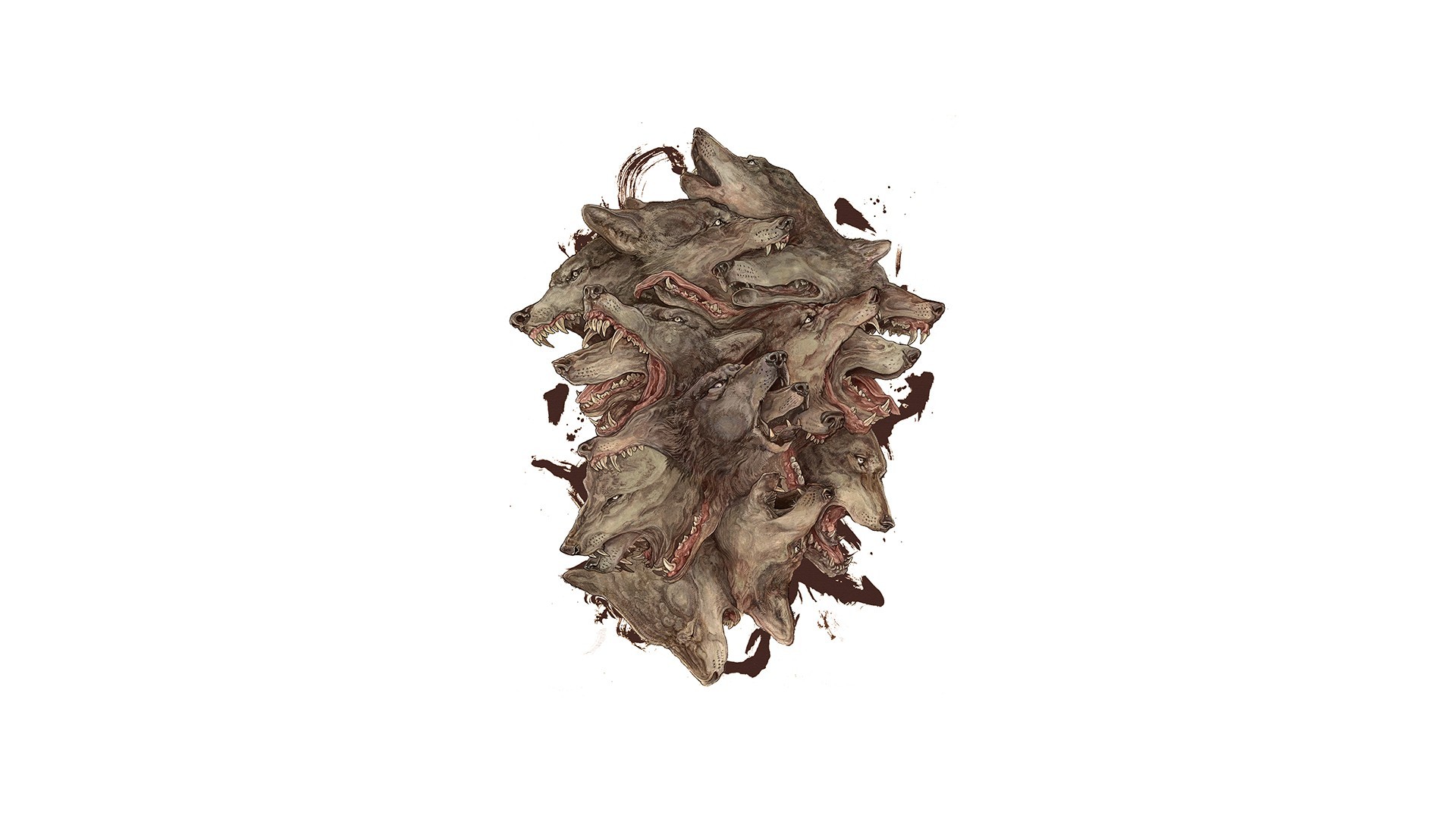 A Pile of Wolf Heads in Traditional Art Style HD Wallpaper